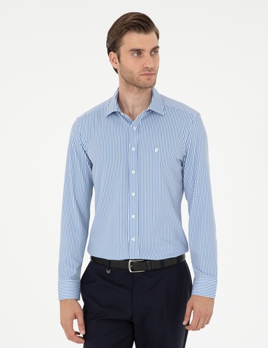 Mavi Likralı Ekstra Slim Fit Uzun Kollu Gömlek