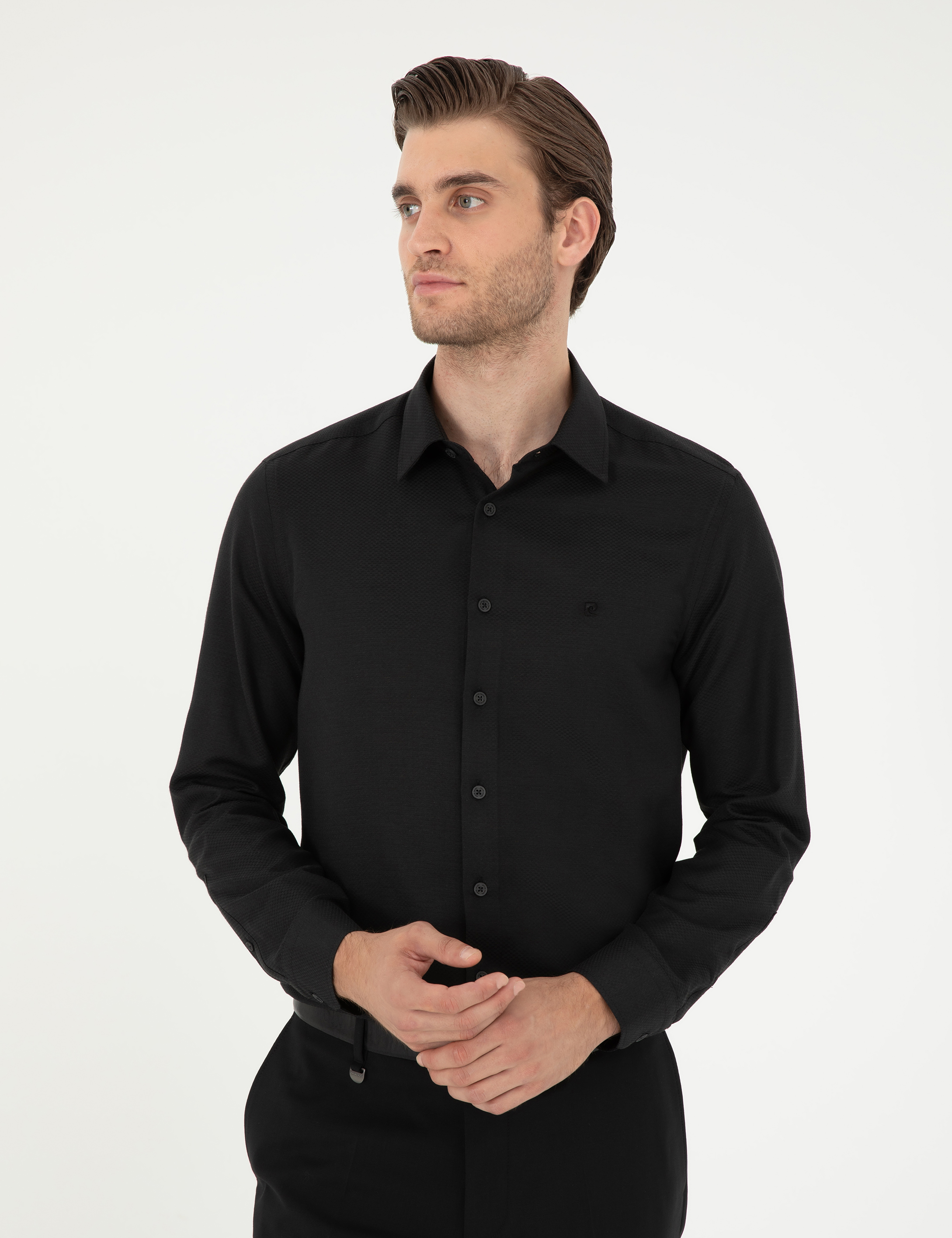 Siyah Slim Fit Armürlü Uzun Kollu Gömlek - Image 3