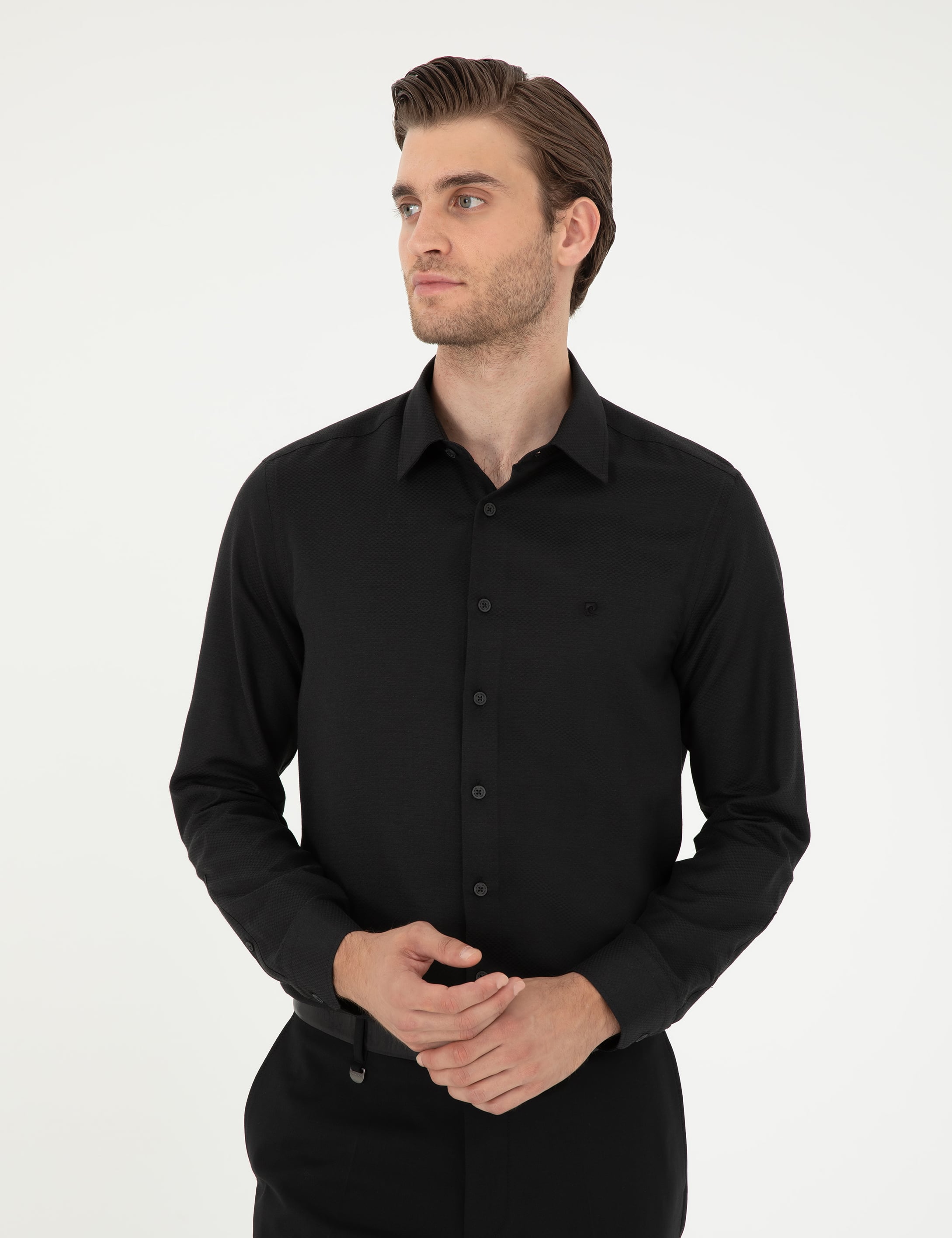 Siyah Slim Fit Armürlü Uzun Kollu Gömlek