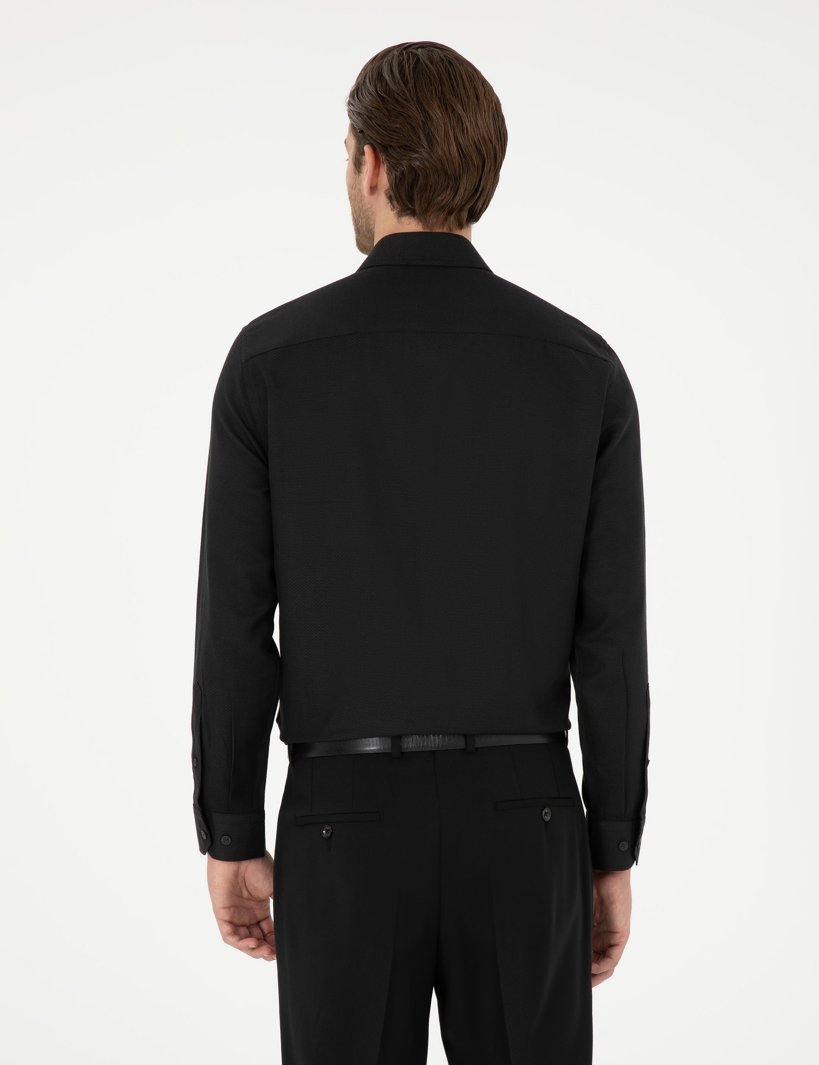 Siyah Slim Fit Armürlü Uzun Kollu Gömlek