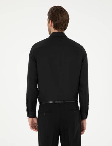Siyah Slim Fit Armürlü Uzun Kollu Gömlek
