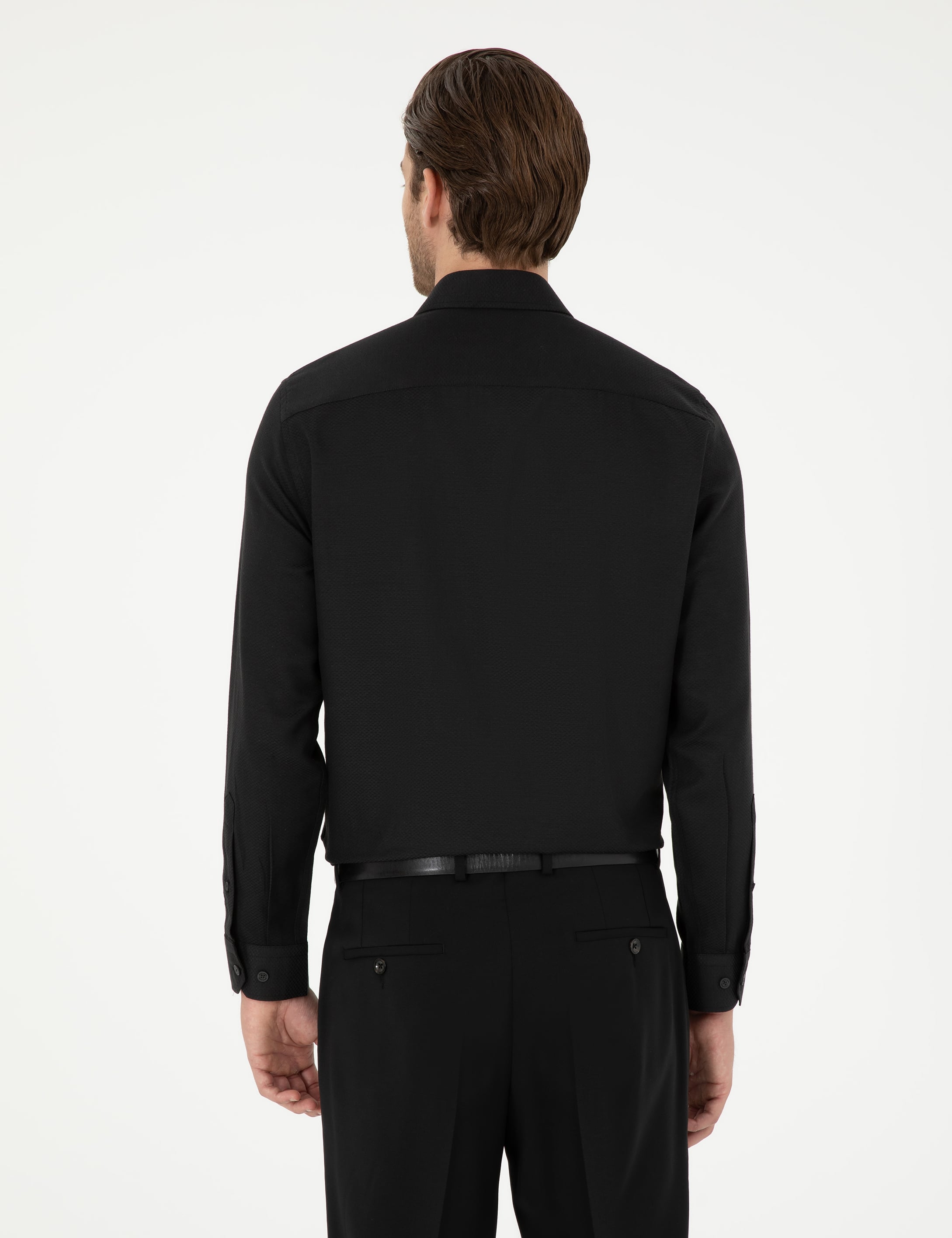 Siyah Slim Fit Armürlü Uzun Kollu Gömlek - Image 5