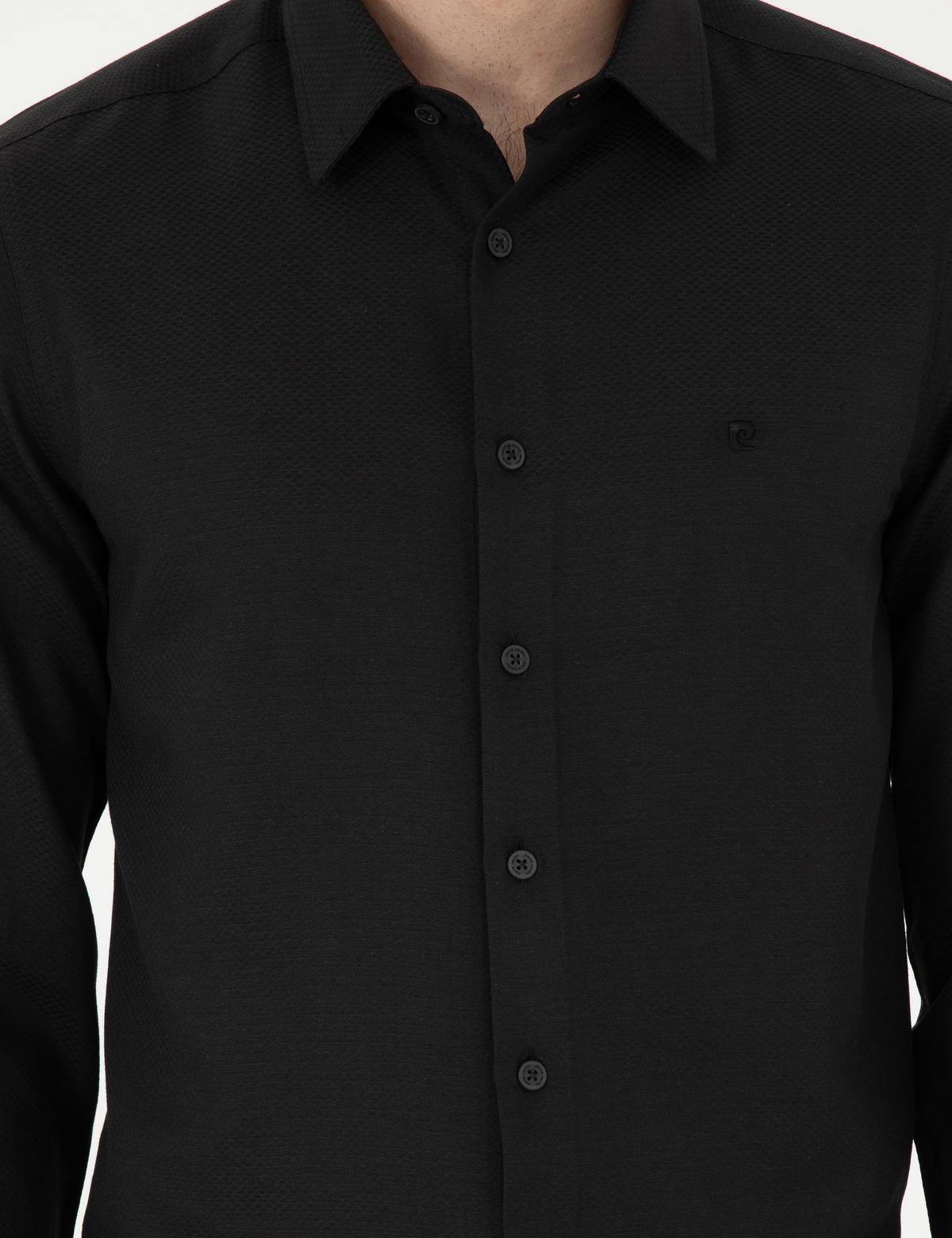 Siyah Slim Fit Armürlü Uzun Kollu Gömlek - 50294742033