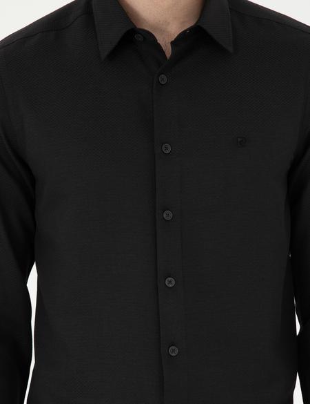 Siyah Slim Fit Armürlü Uzun Kollu Gömlek - 50294742033