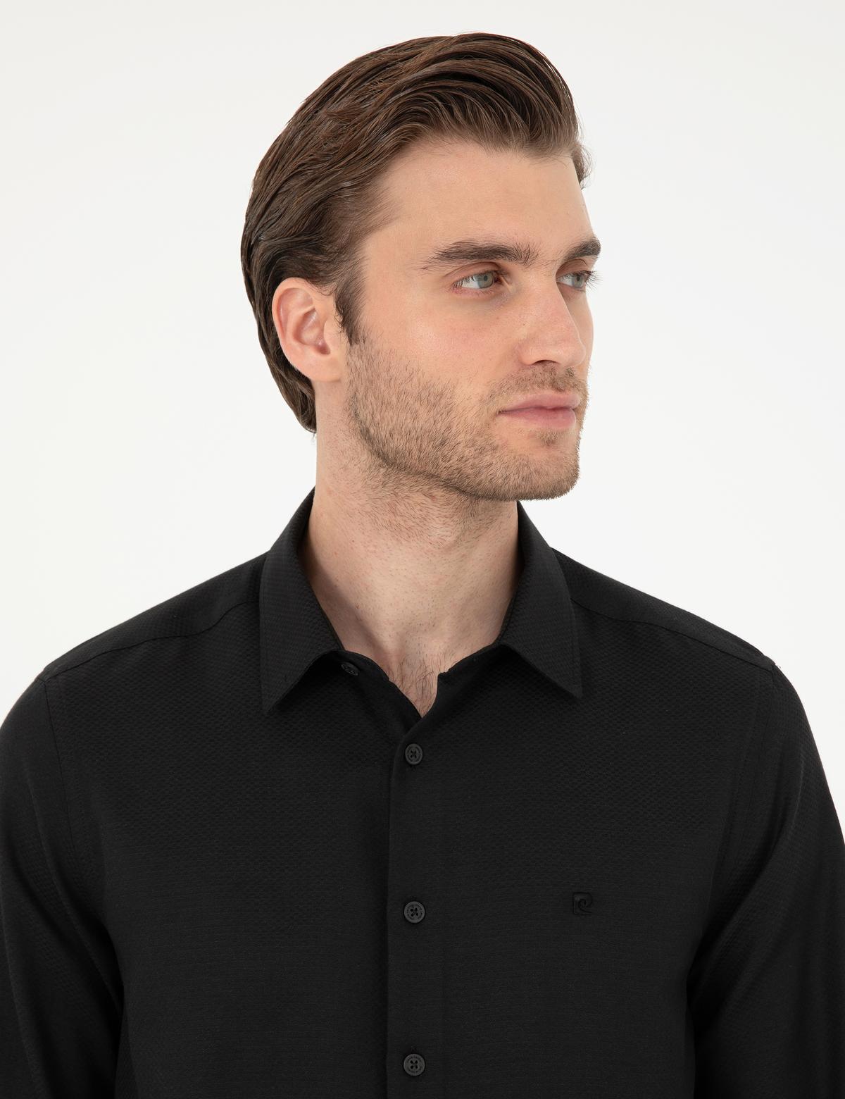 Siyah Slim Fit Armürlü Uzun Kollu Gömlek - 50294742033