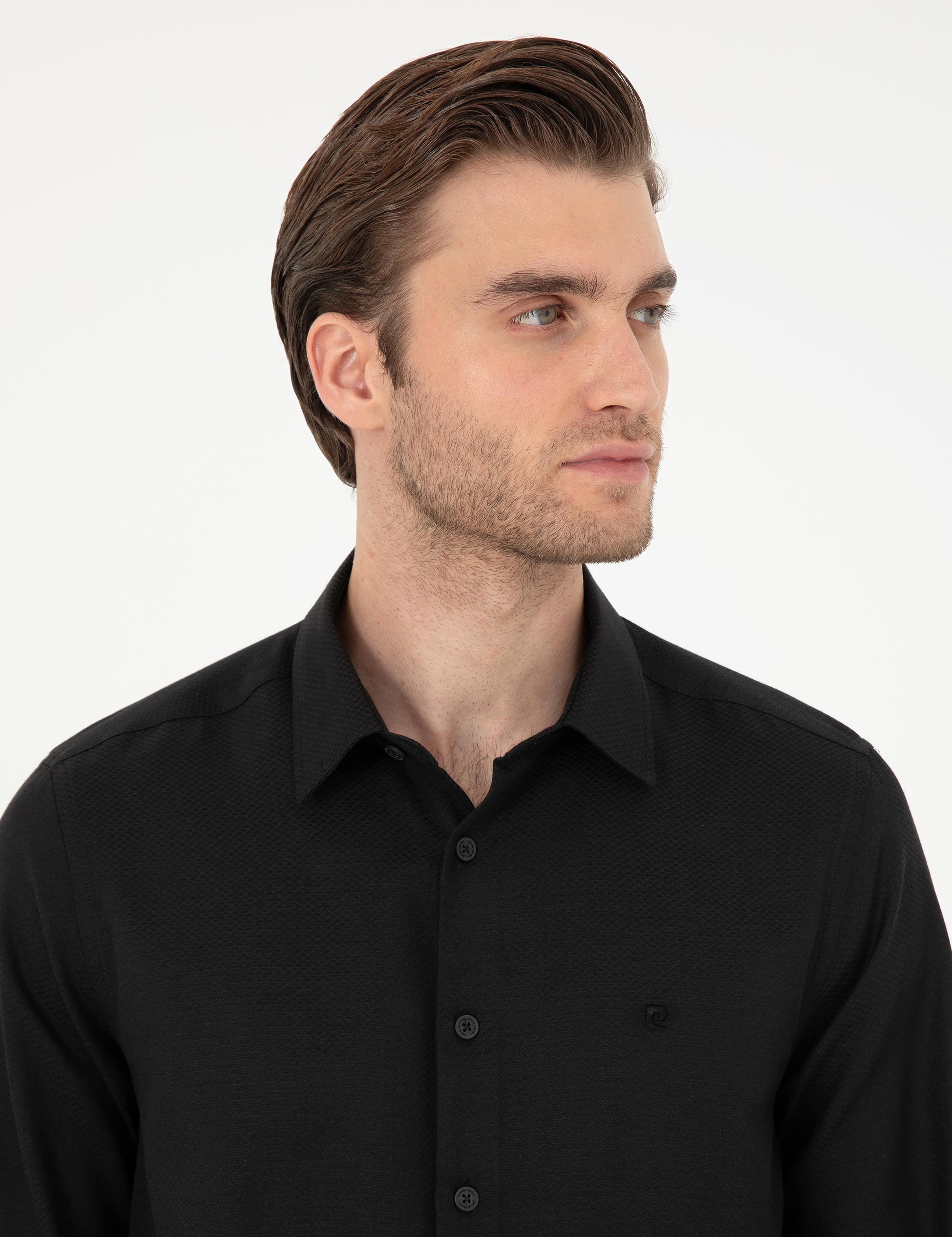 Siyah Slim Fit Armürlü Uzun Kollu Gömlek