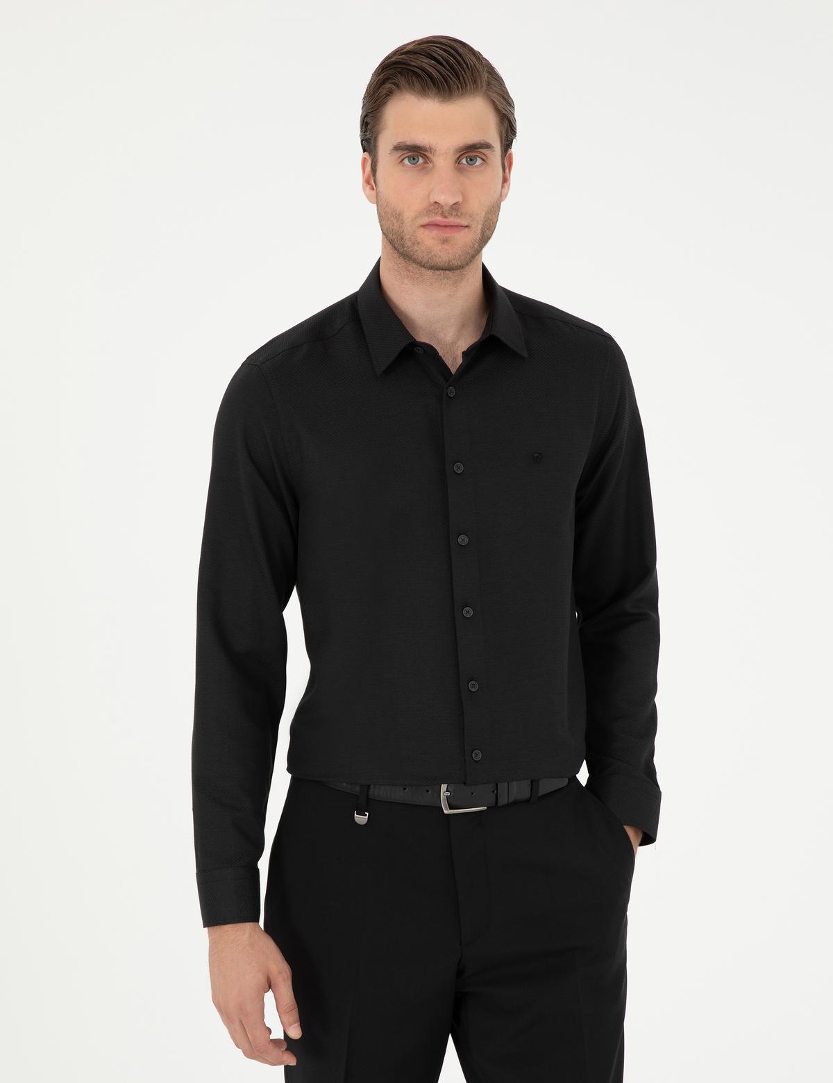 Siyah Slim Fit Armürlü Uzun Kollu Gömlek