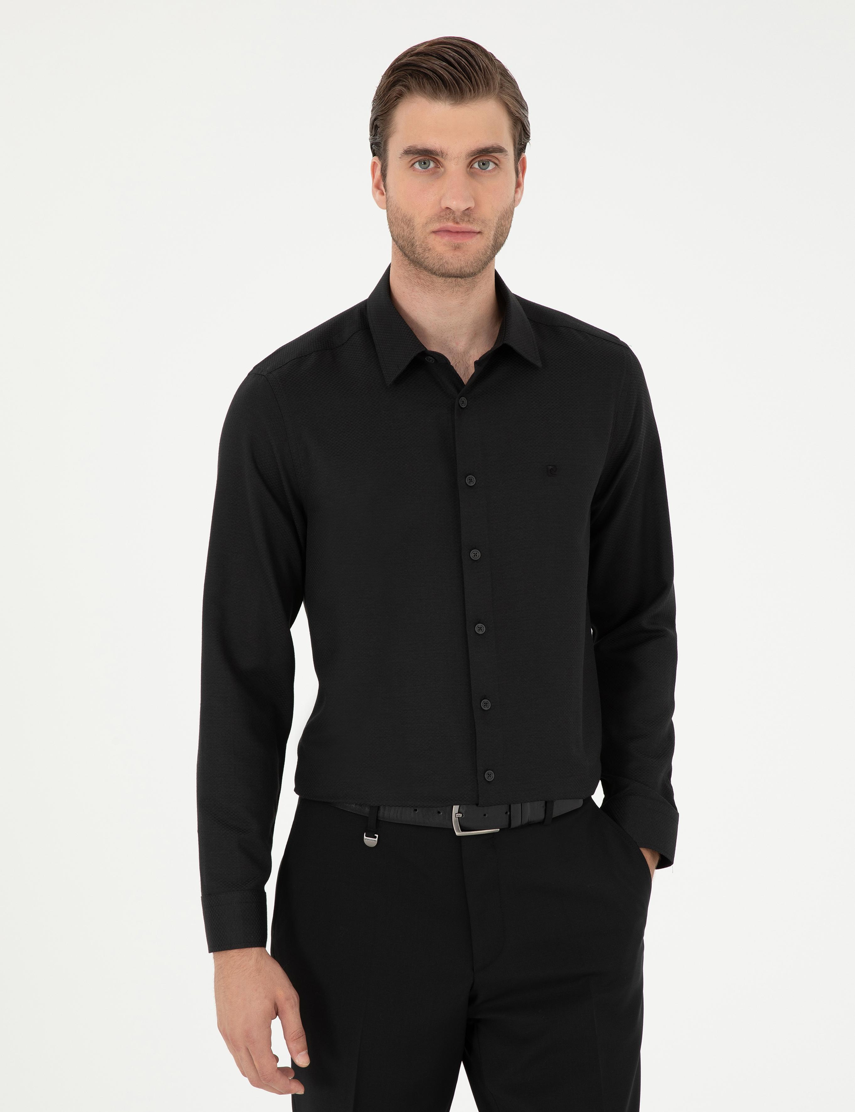 Siyah Slim Fit Armürlü Uzun Kollu Gömlek