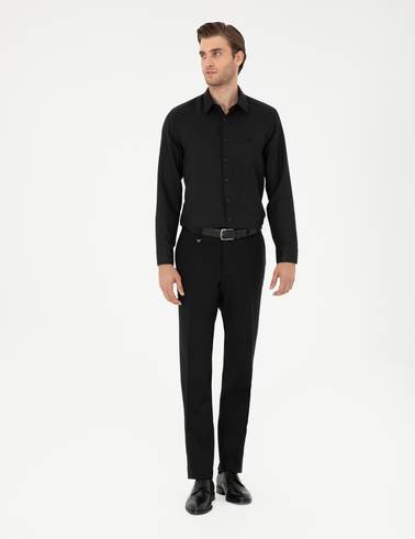 Siyah Slim Fit Armürlü Uzun Kollu Gömlek