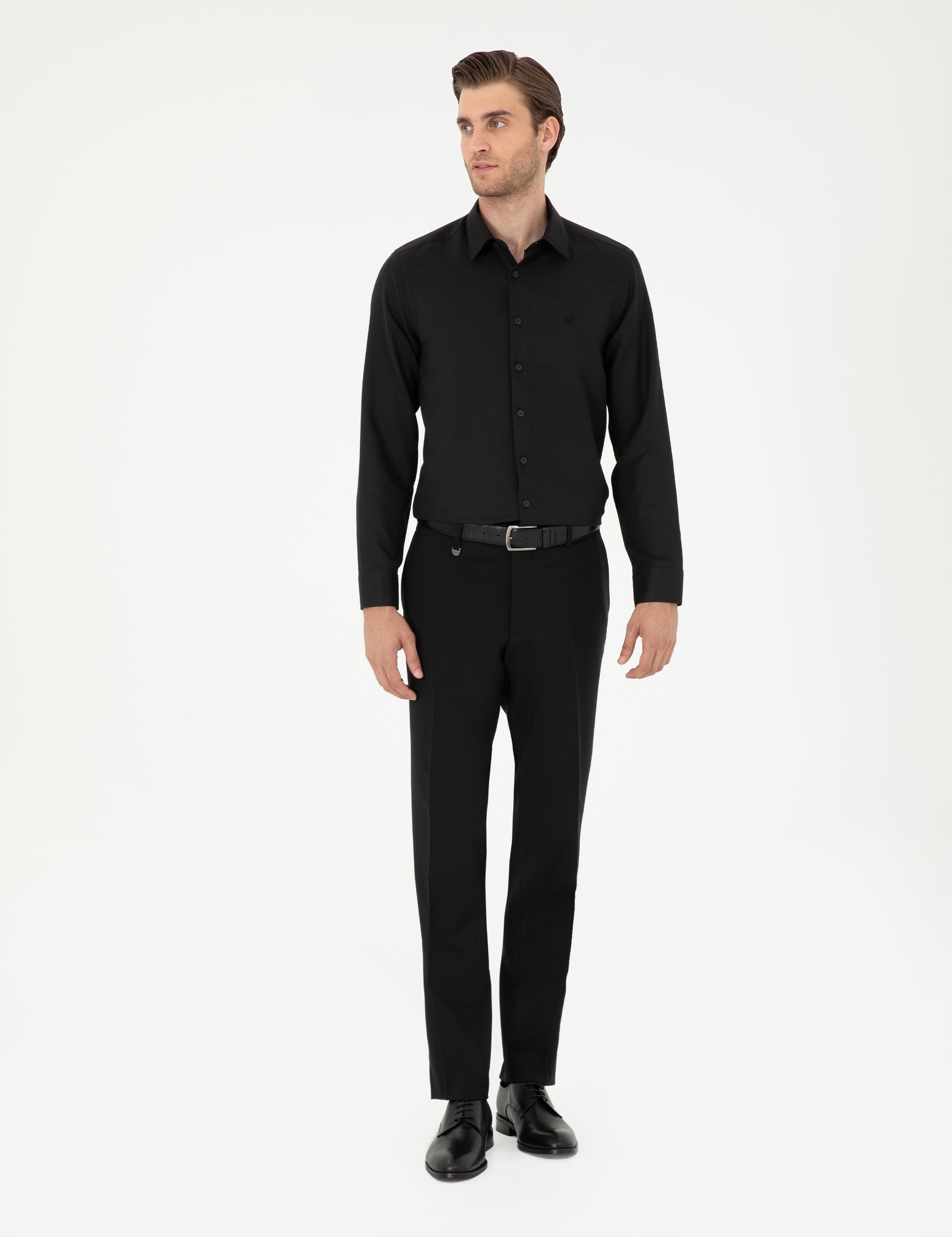 Siyah Slim Fit Armürlü Uzun Kollu Gömlek