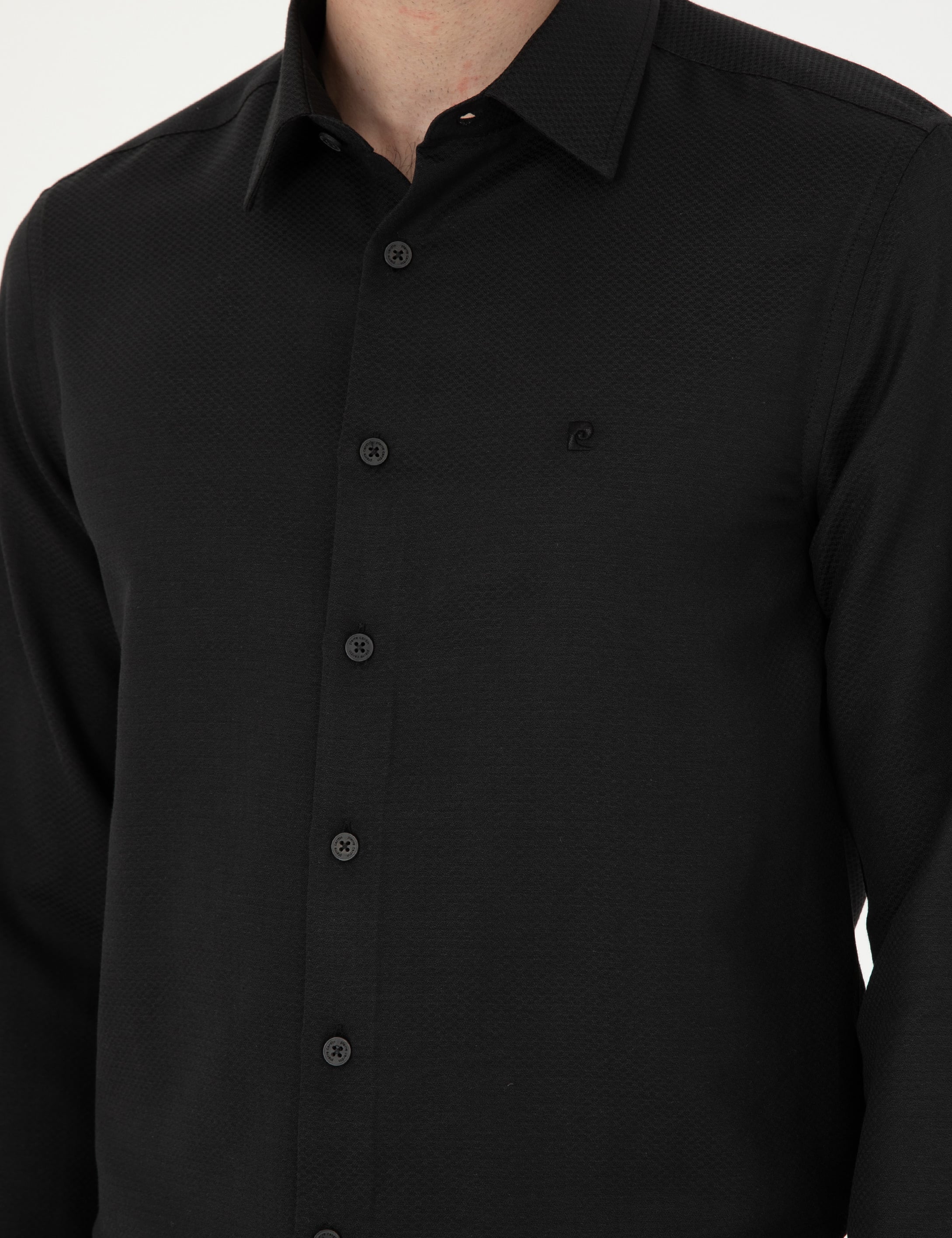 Siyah Slim Fit Armürlü Uzun Kollu Gömlek - Image 7