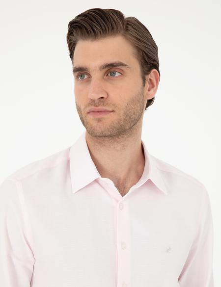 Açık Pembe Slim Fit Armürlü Uzun Kollu Gömlek - 50294742037
