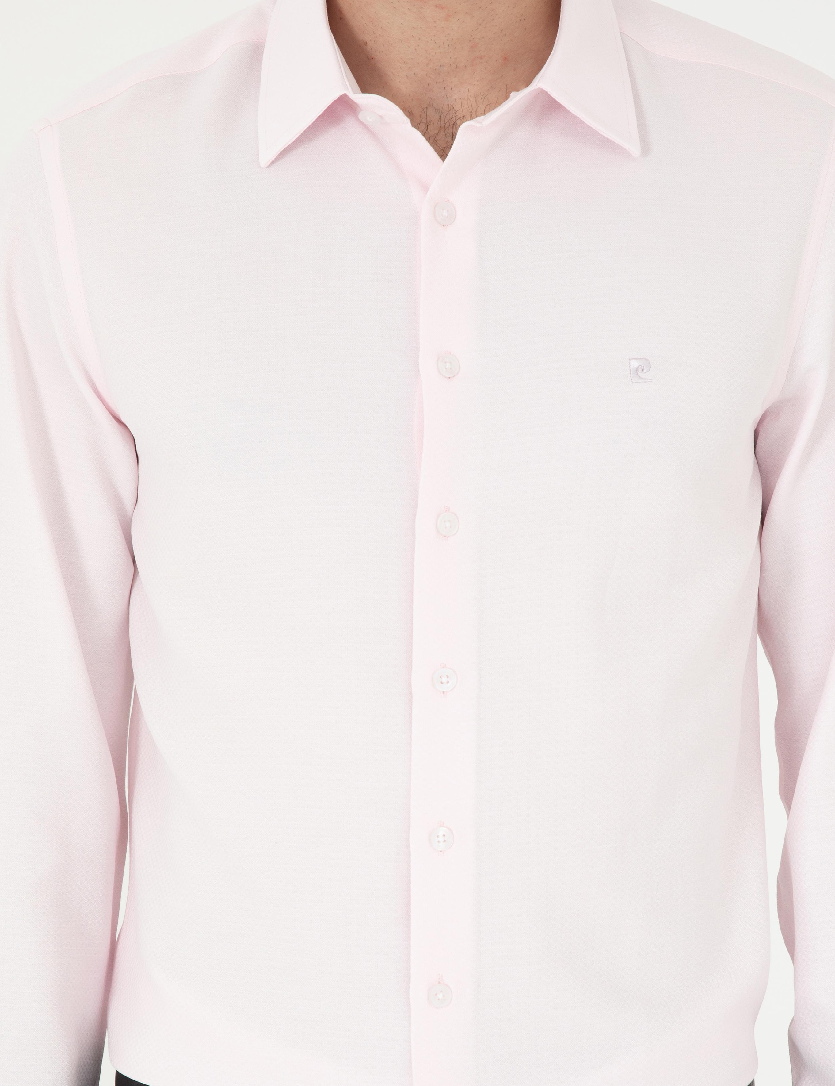 Açık Pembe Slim Fit Armürlü Uzun Kollu Gömlek