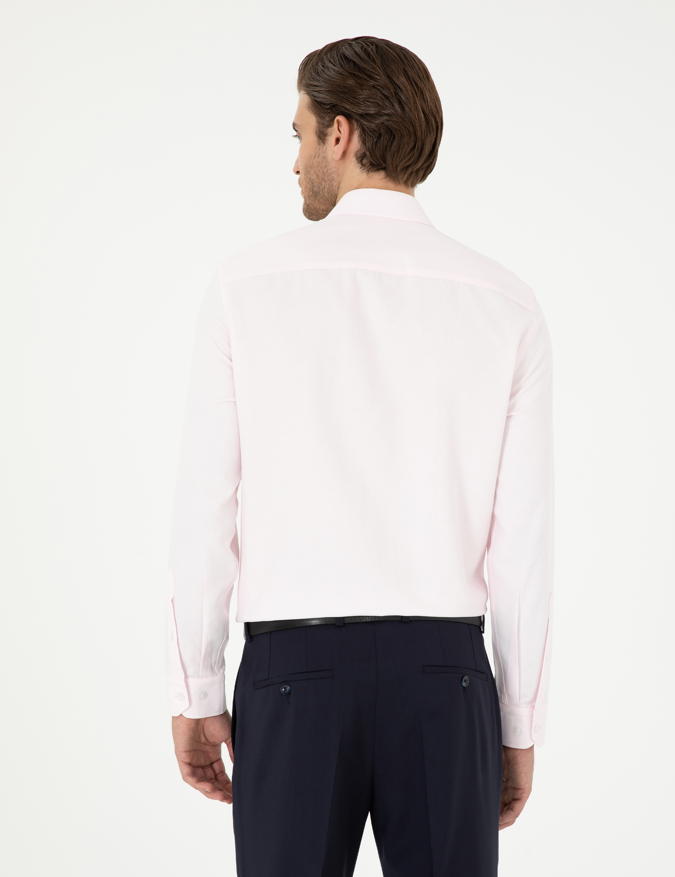 Açık Pembe Slim Fit Armürlü Uzun Kollu Gömlek - Image 5