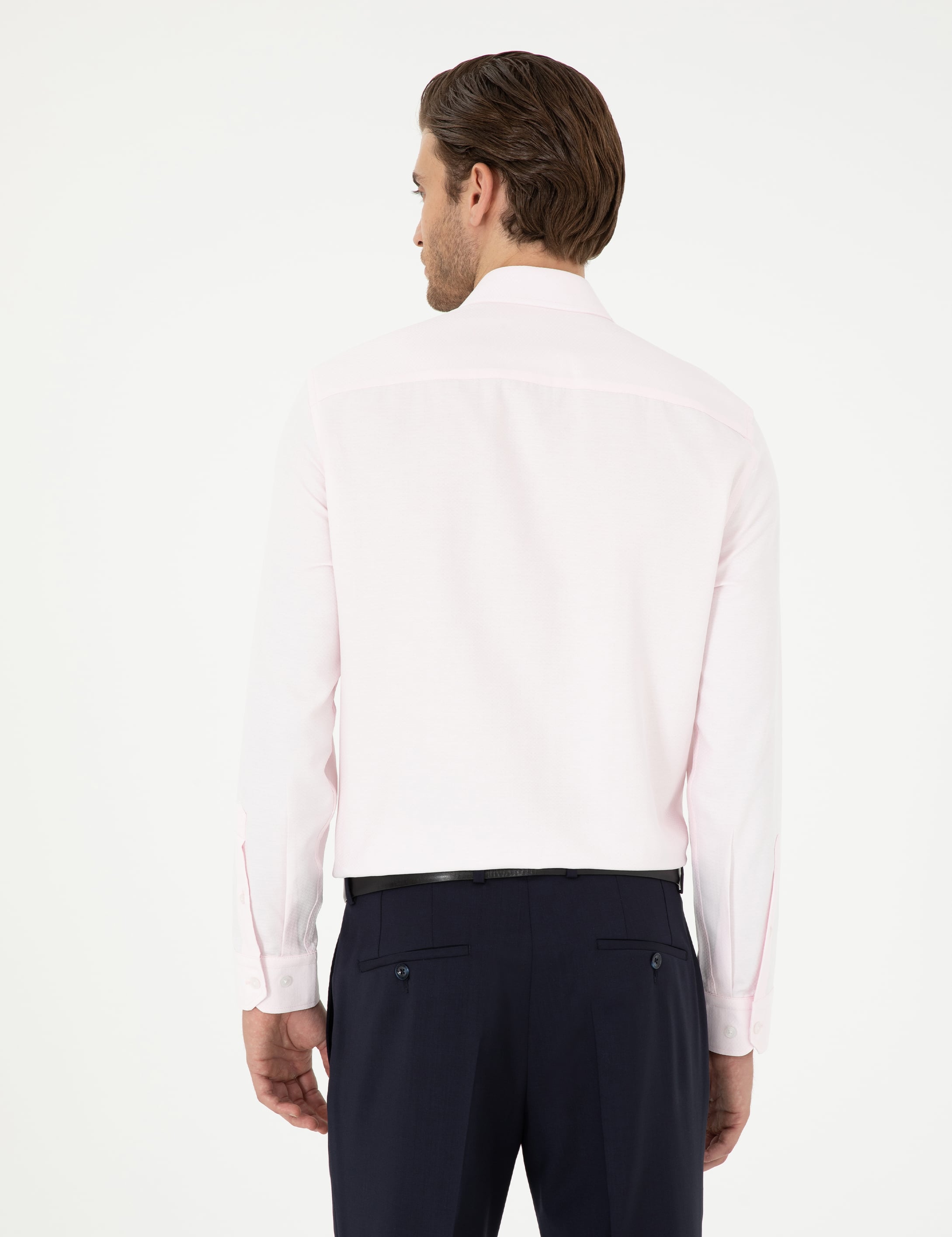 Açık Pembe Slim Fit Armürlü Uzun Kollu Gömlek