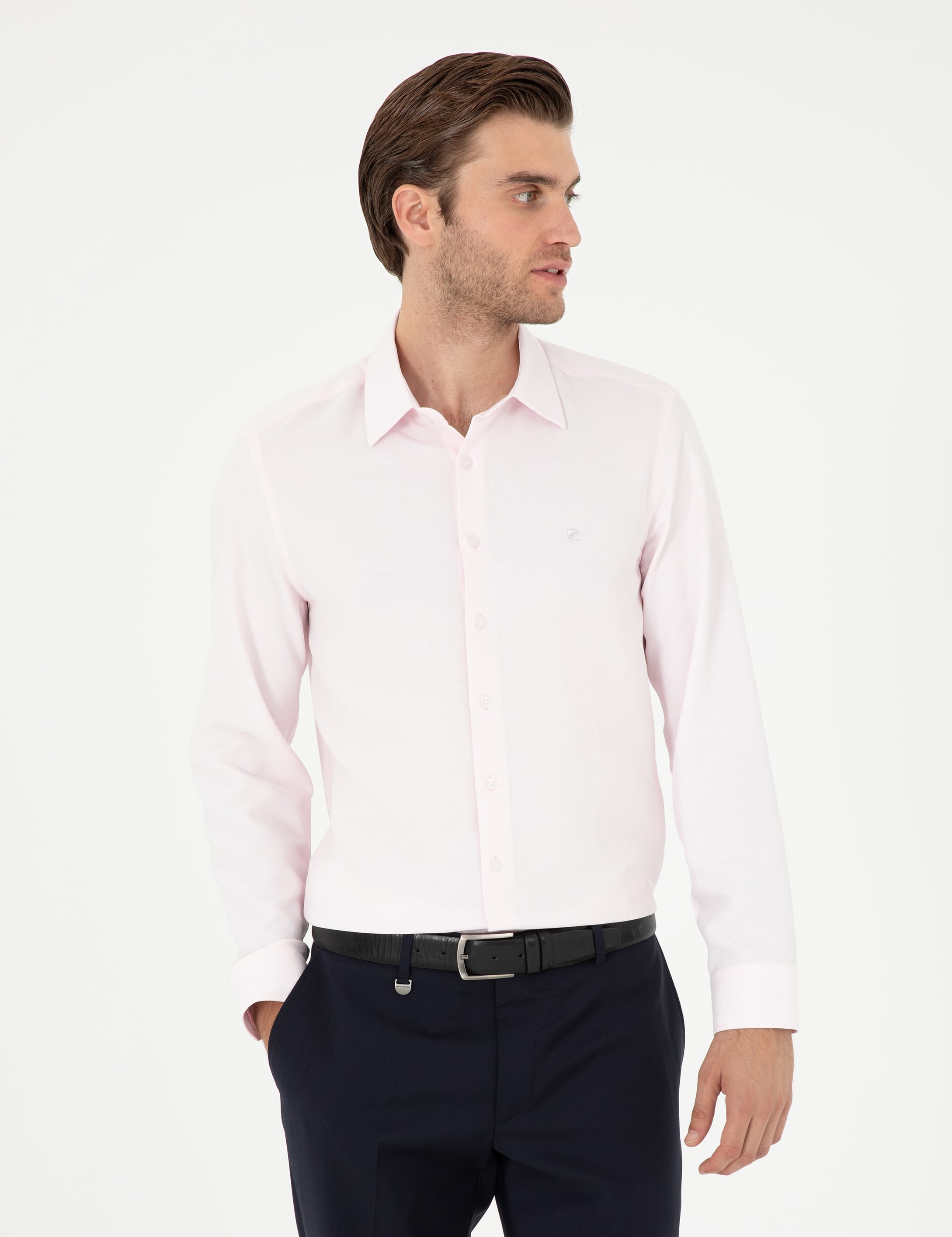 Açık Pembe Slim Fit Armürlü Uzun Kollu Gömlek