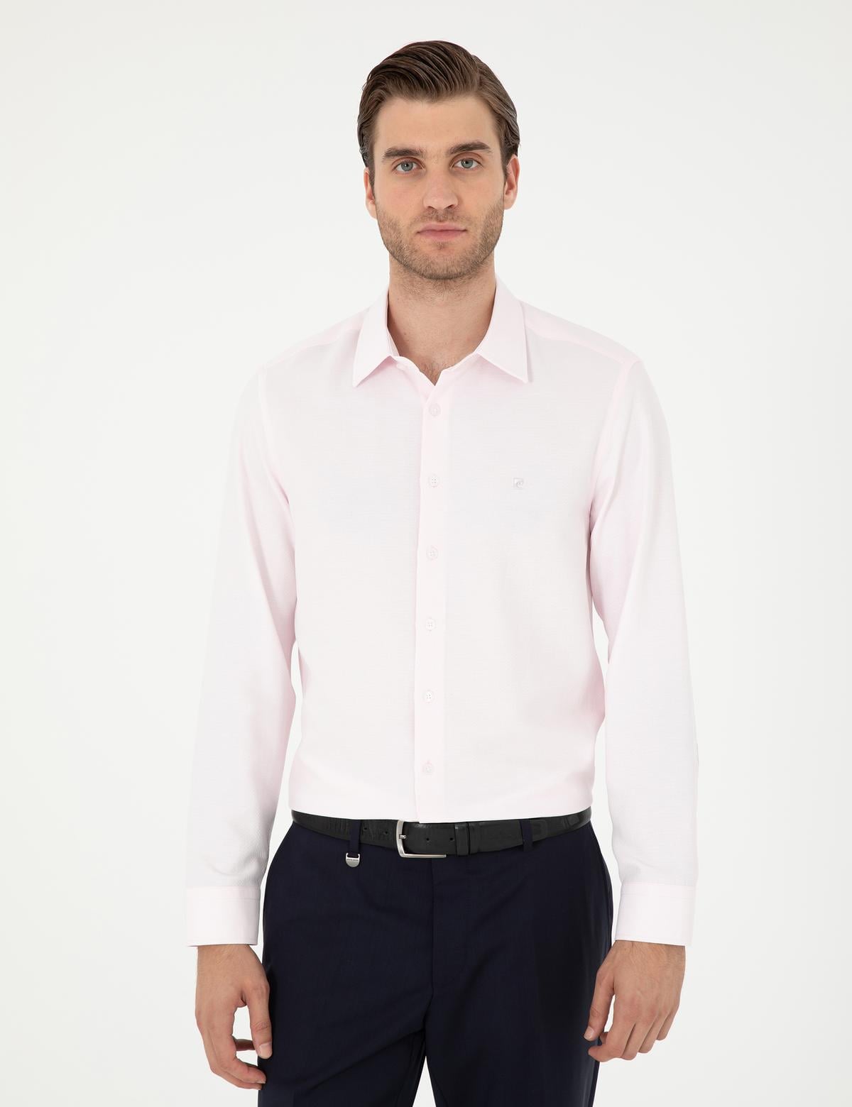 Açık Pembe Slim Fit Armürlü Uzun Kollu Gömlek - 50294742037