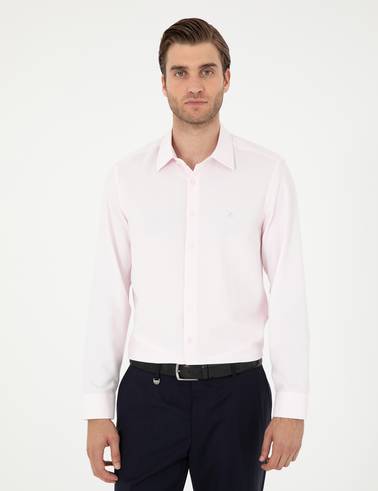 Açık Pembe Slim Fit Armürlü Uzun Kollu Gömlek