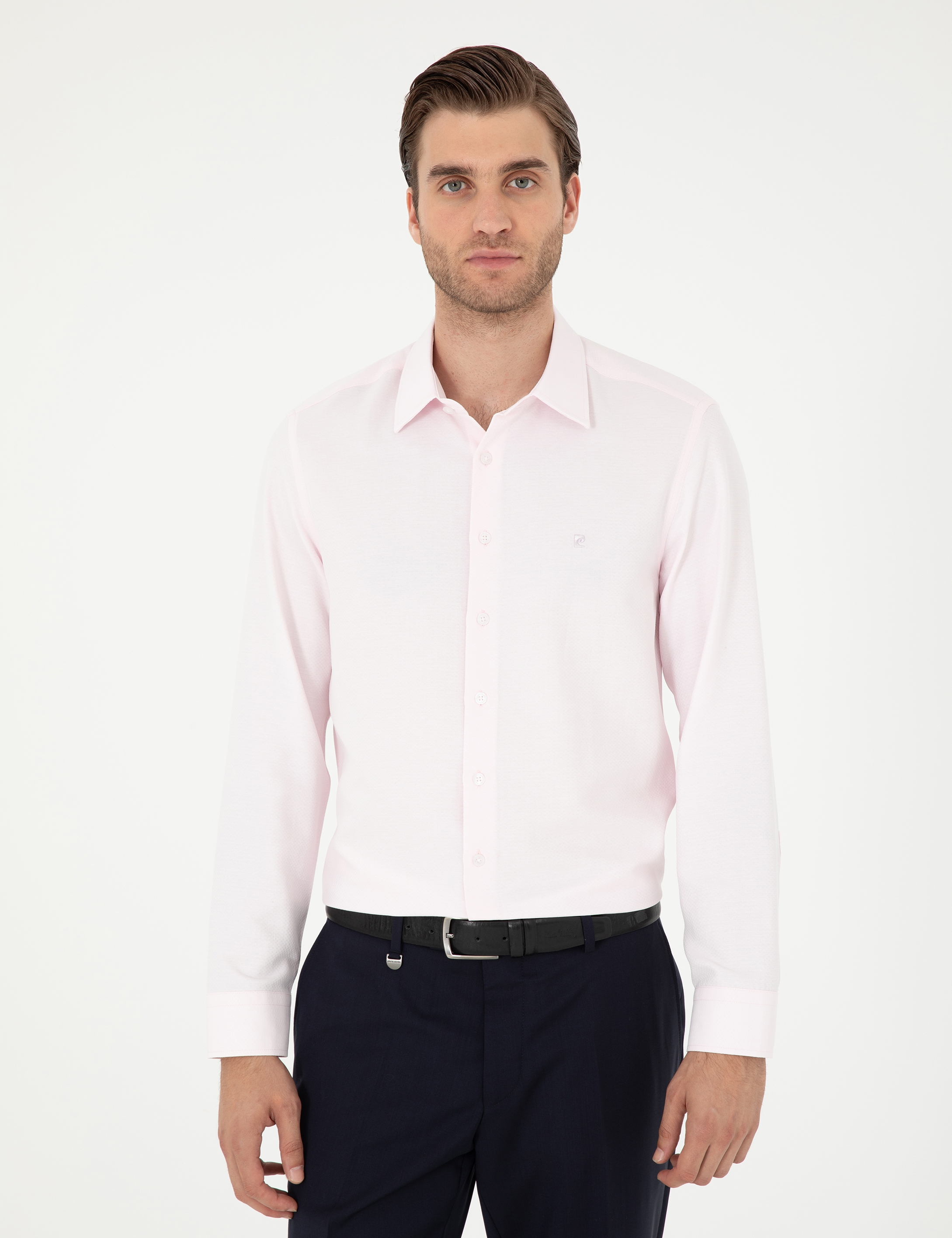 Açık Pembe Slim Fit Armürlü Uzun Kollu Gömlek - Image 3