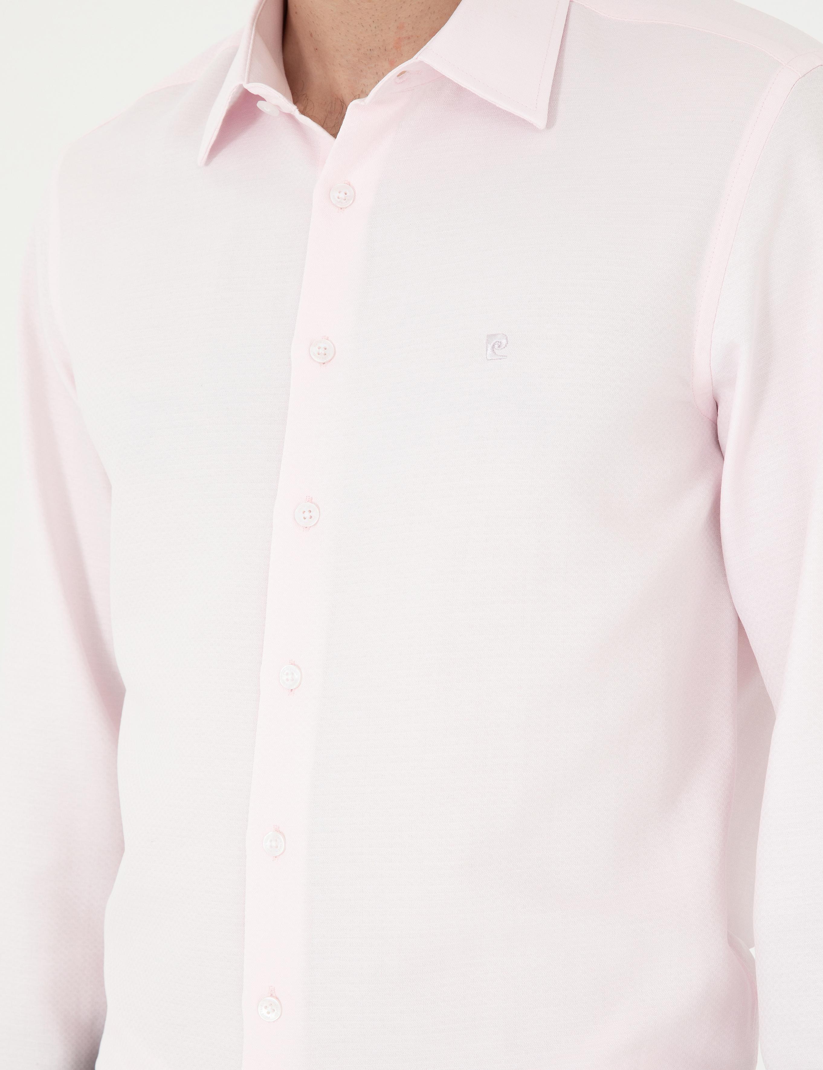 Açık Pembe Slim Fit Armürlü Uzun Kollu Gömlek