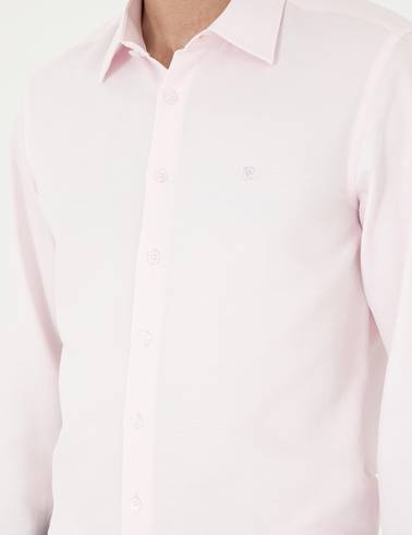 Açık Pembe Slim Fit Armürlü Uzun Kollu Gömlek