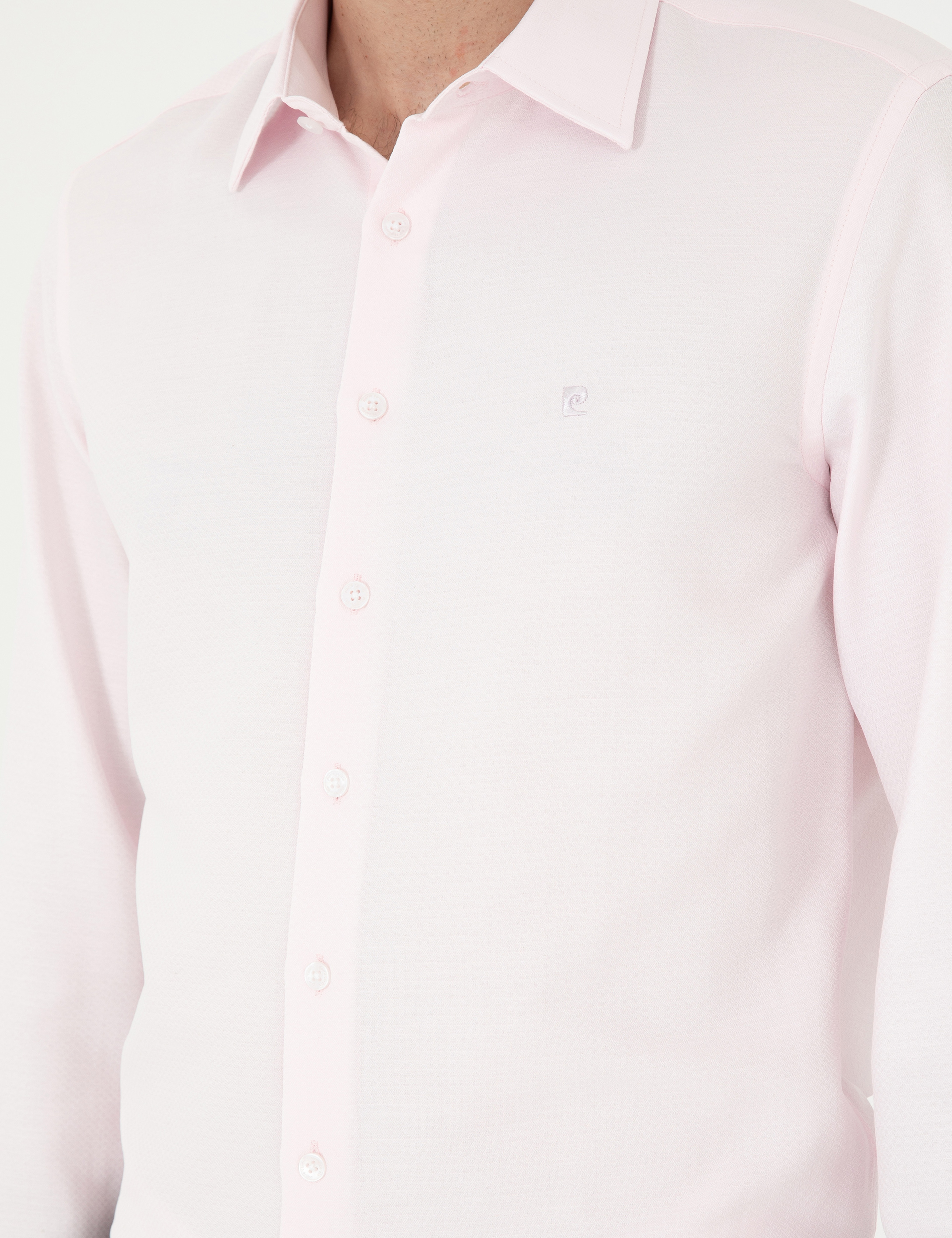 Açık Pembe Slim Fit Armürlü Uzun Kollu Gömlek