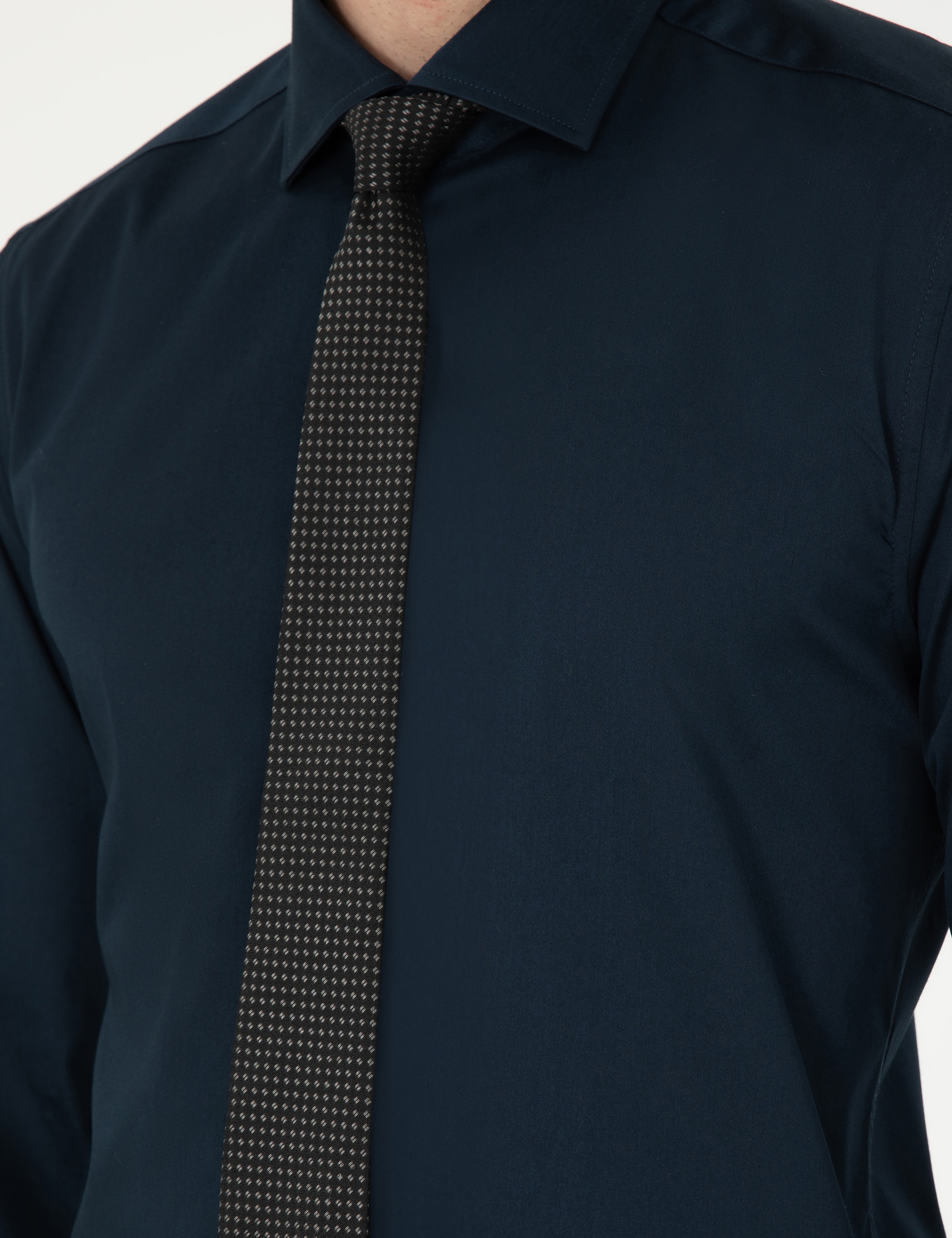 Lacivert Likralı Kolay Ütülenebilir Ekstra Slim Fit Basic Gömlek - Image 7