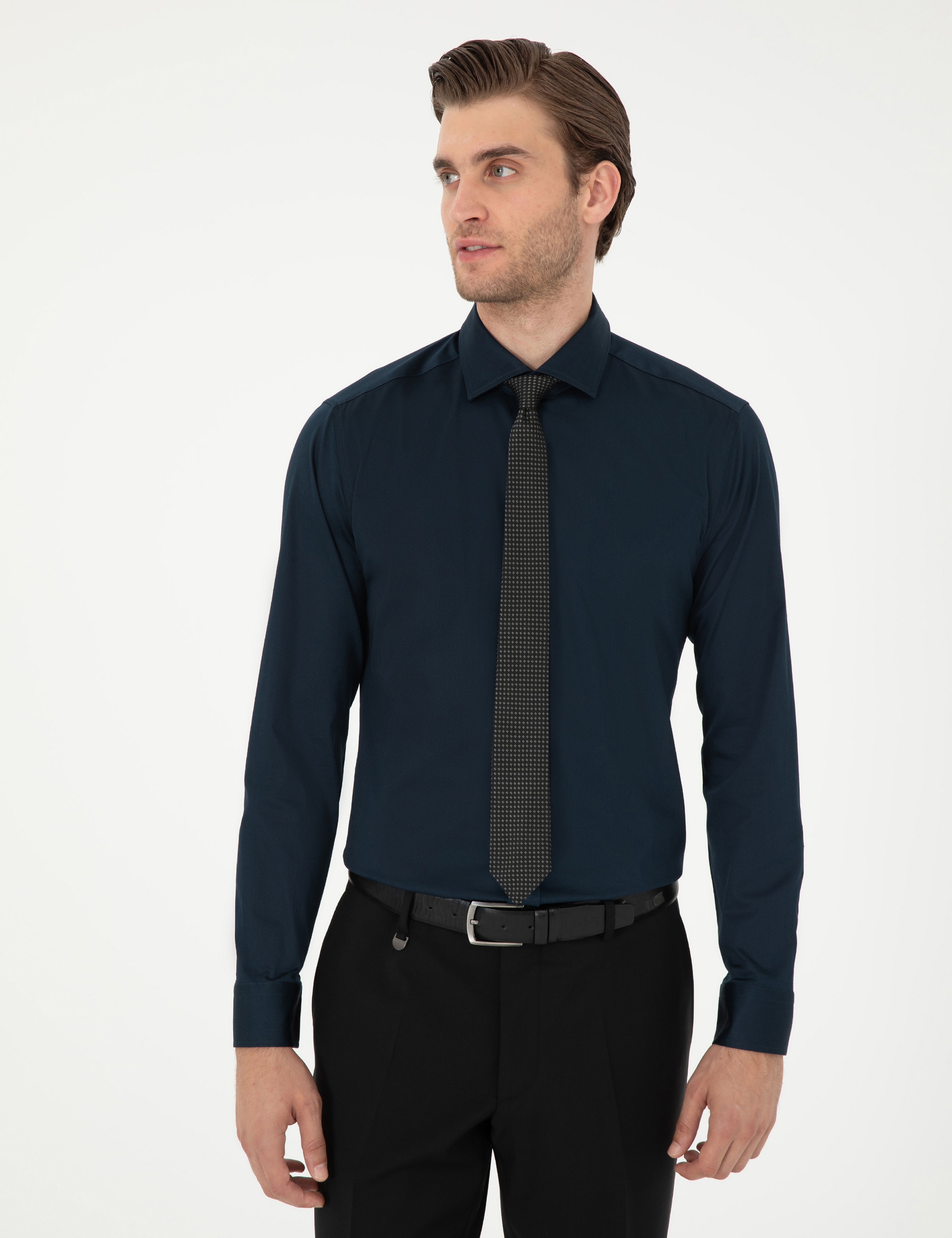 Lacivert Likralı Kolay Ütülenebilir Ekstra Slim Fit Basic Gömlek - Image 3
