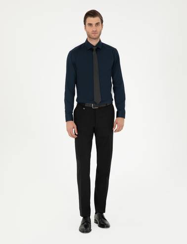 Lacivert Likralı Kolay Ütülenebilir Ekstra Slim Fit Basic Gömlek