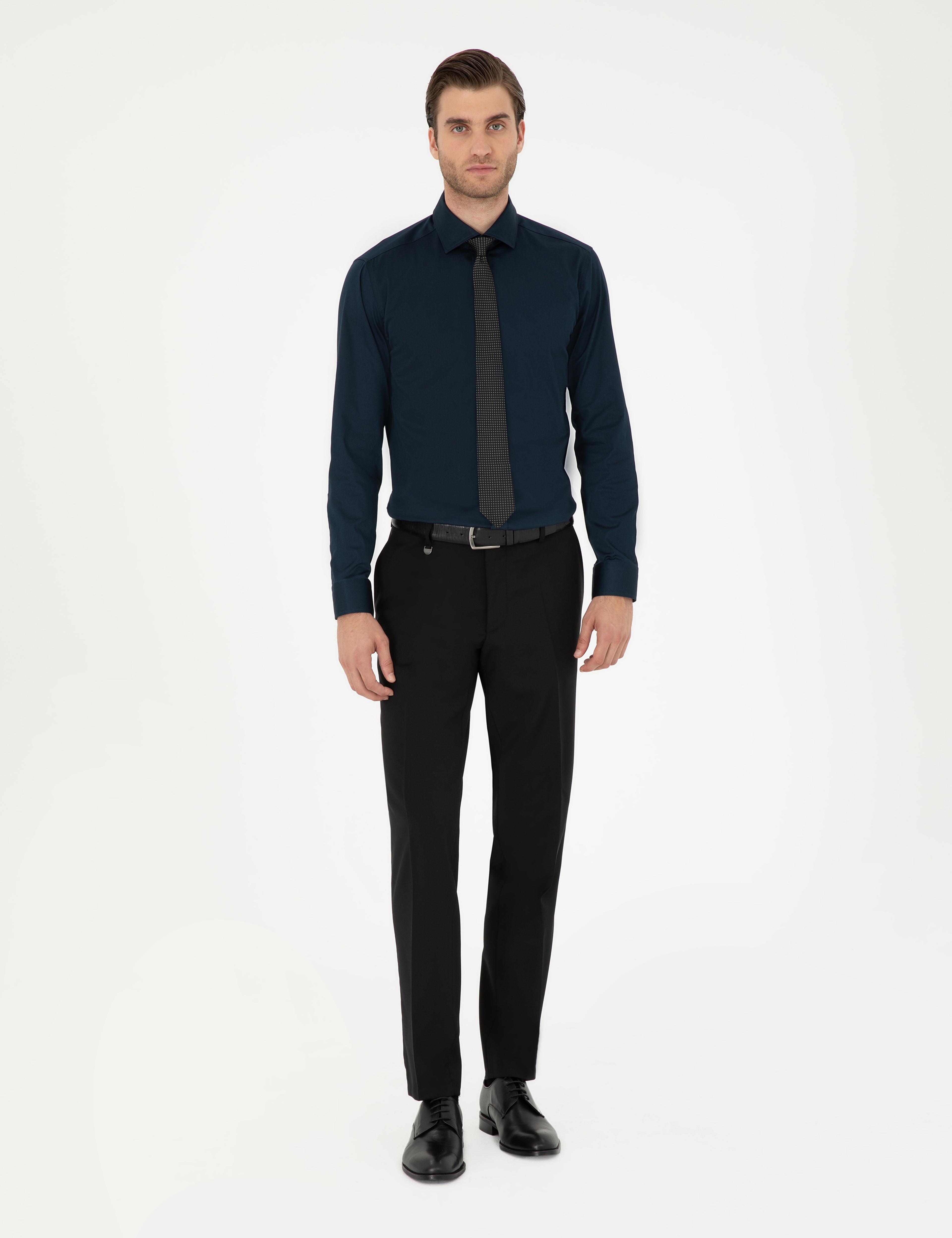 Lacivert Likralı Kolay Ütülenebilir Ekstra Slim Fit Basic Gömlek - Image 4