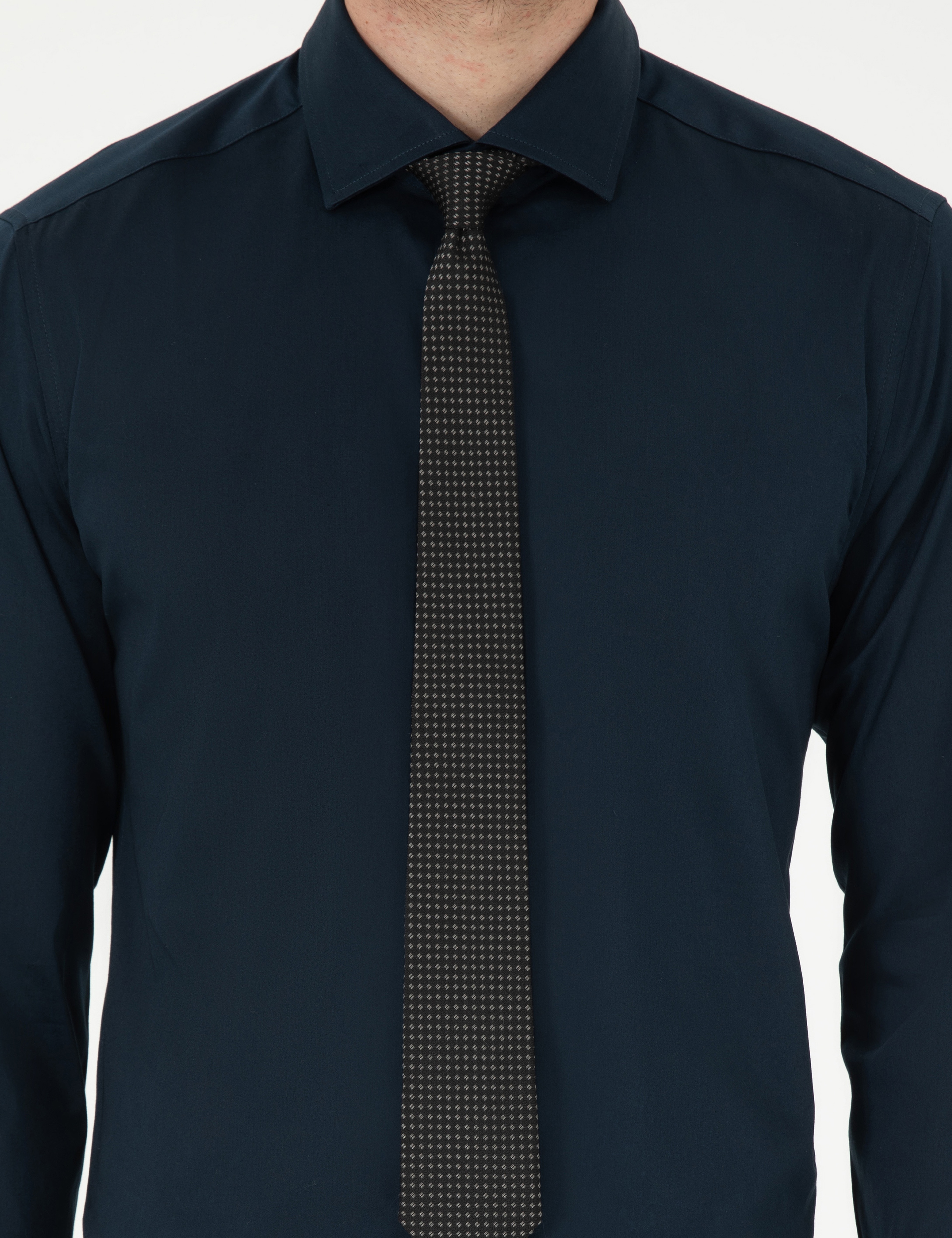 Lacivert Likralı Kolay Ütülenebilir Ekstra Slim Fit Basic Gömlek - Image 6