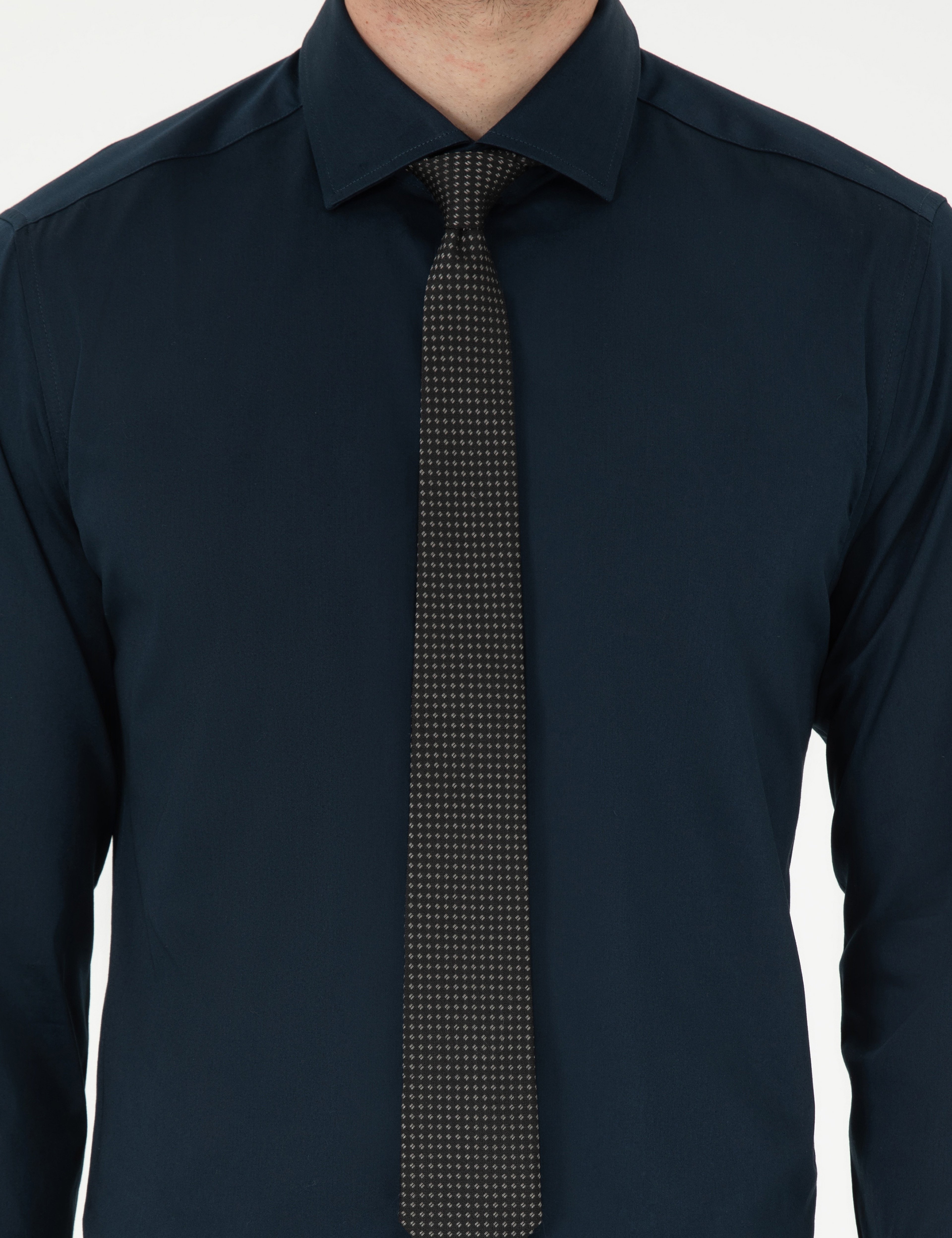 Lacivert Likralı Kolay Ütülenebilir Ekstra Slim Fit Basic Gömlek