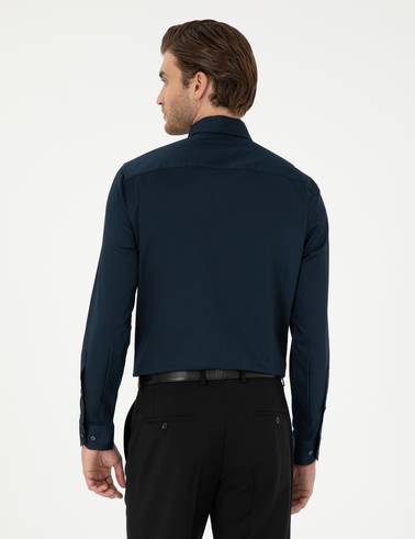 Lacivert Likralı Kolay Ütülenebilir Ekstra Slim Fit Basic Gömlek