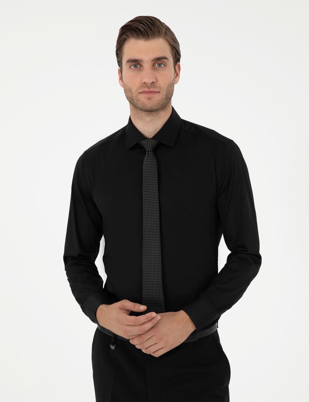 Siyah Likralı Kolay Ütülenebilir Ex. Slim Fit Basic Gömlek - 50292526019