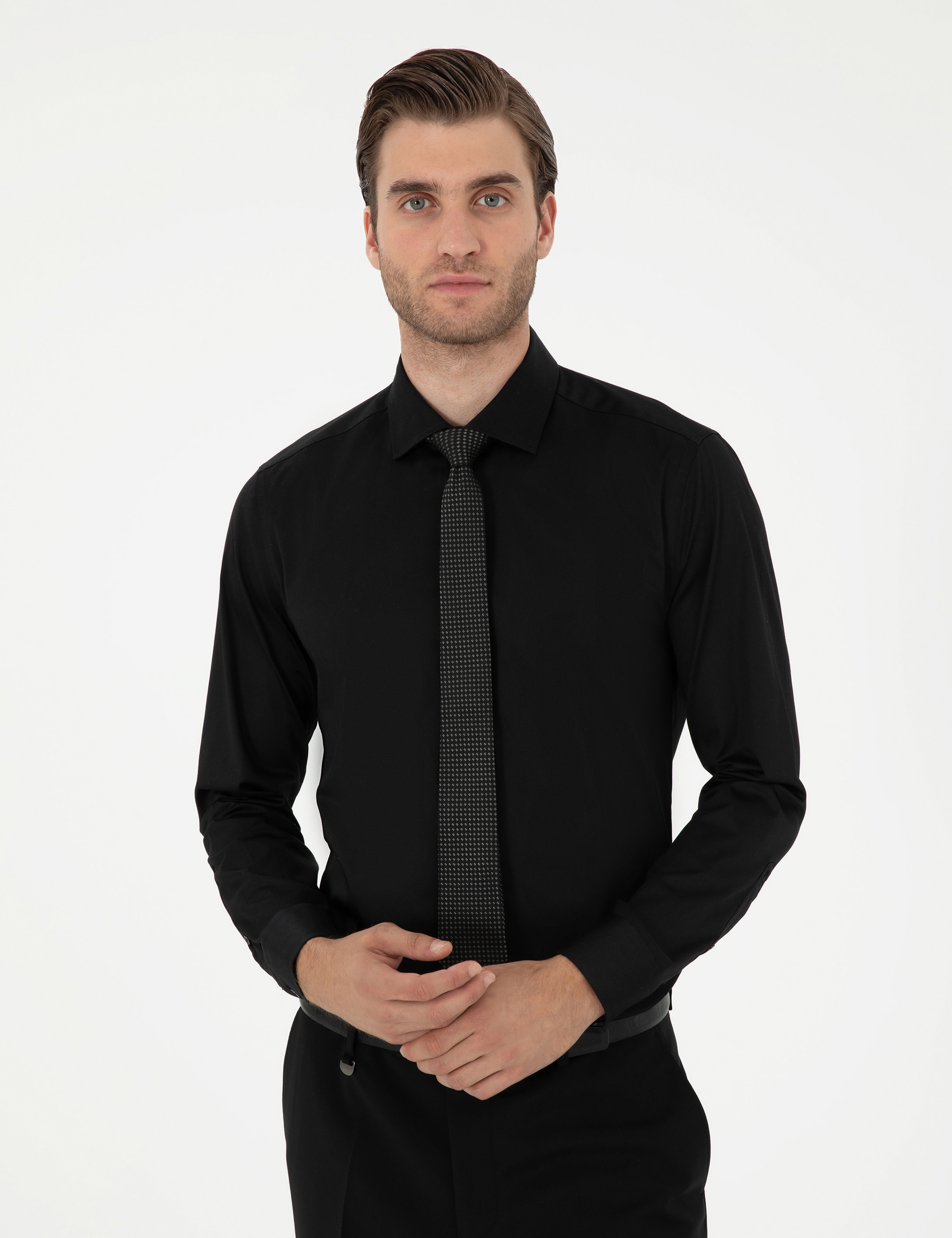 Siyah Likralı Kolay Ütülenebilir Ekstra Slim Fit Basic Gömlek