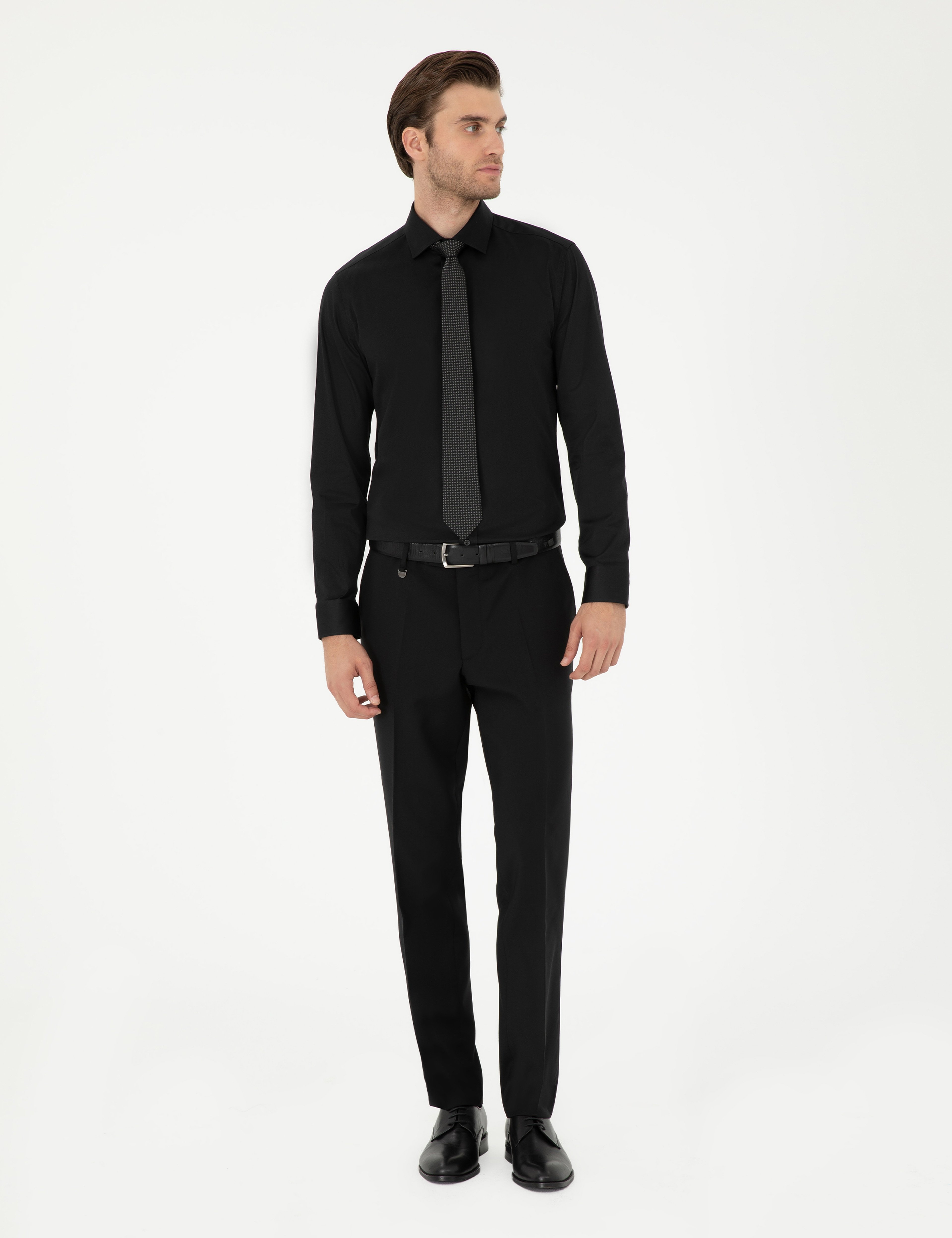 Siyah Likralı Kolay Ütülenebilir Ekstra Slim Fit Basic Gömlek