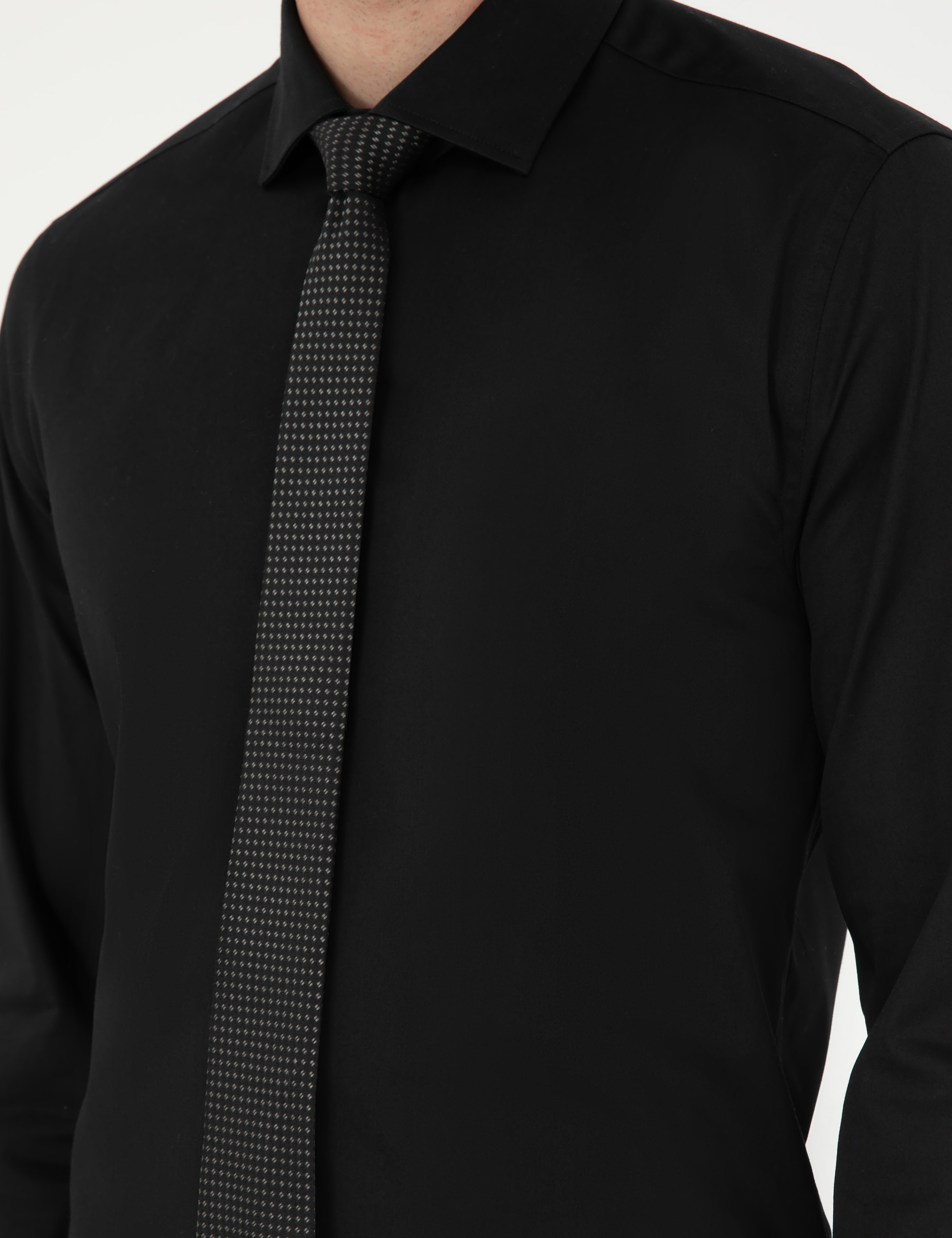 Siyah Likralı Kolay Ütülenebilir Ekstra Slim Fit Basic Gömlek - Image 7