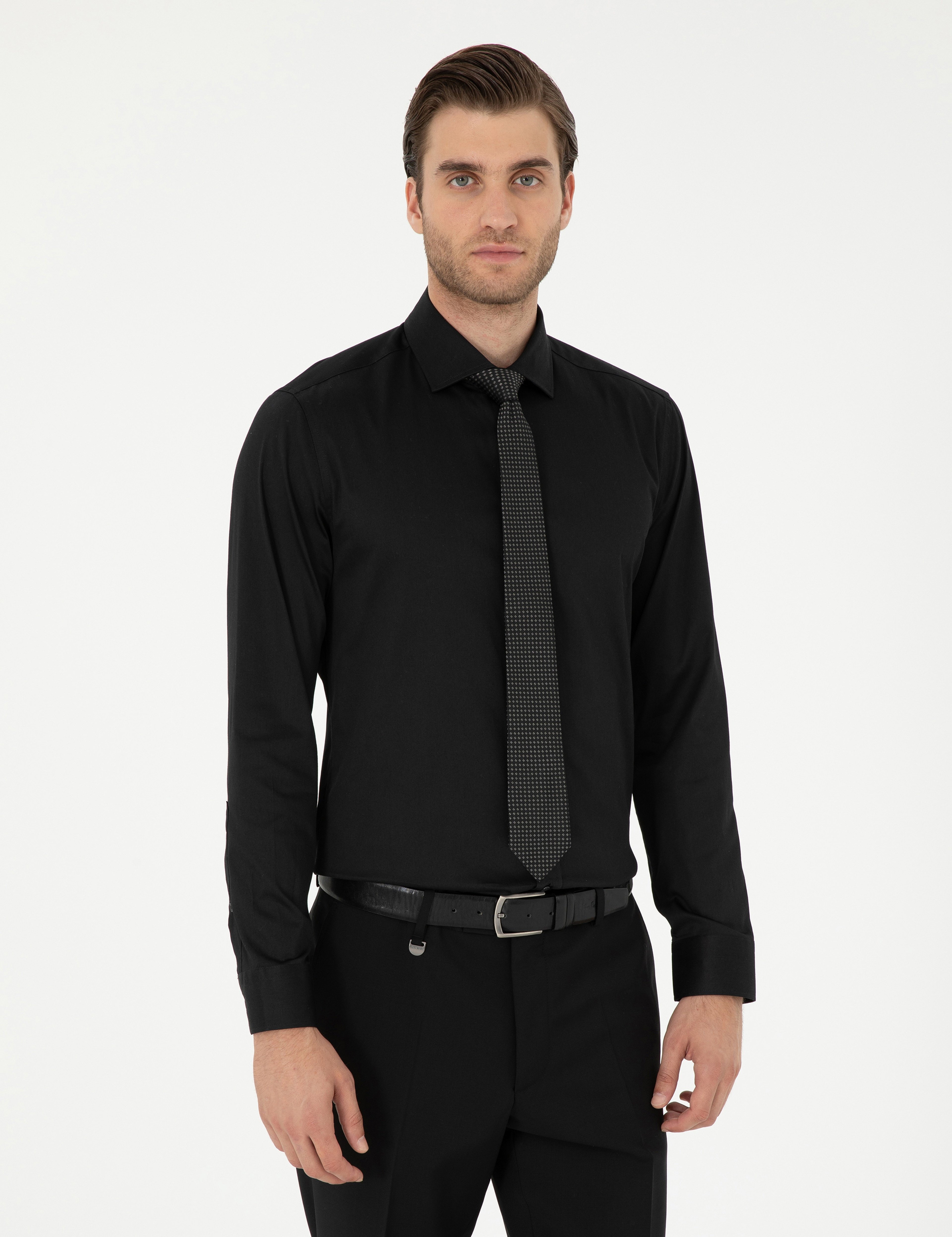 Siyah Likralı Kolay Ütülenebilir Ekstra Slim Fit Basic Gömlek - Image 1