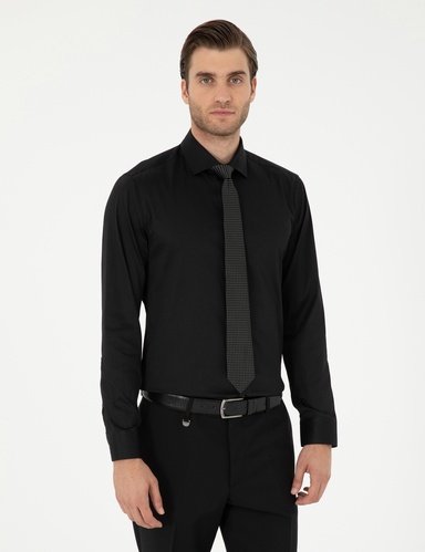 Siyah Likralı Kolay Ütülenebilir Ekstra Slim Fit Basic Gömlek