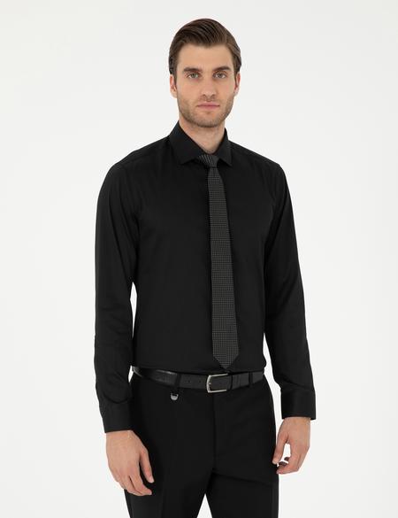 Siyah Likralı Kolay Ütülenebilir Ex. Slim Fit Basic Gömlek - 50292526019
