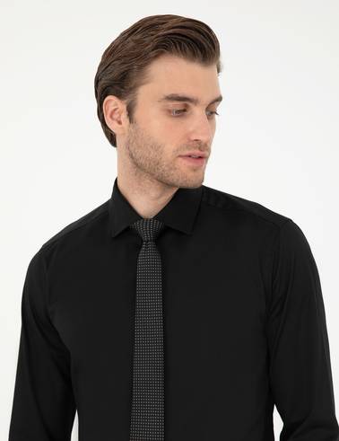 Siyah Likralı Kolay Ütülenebilir Ekstra Slim Fit Basic Gömlek