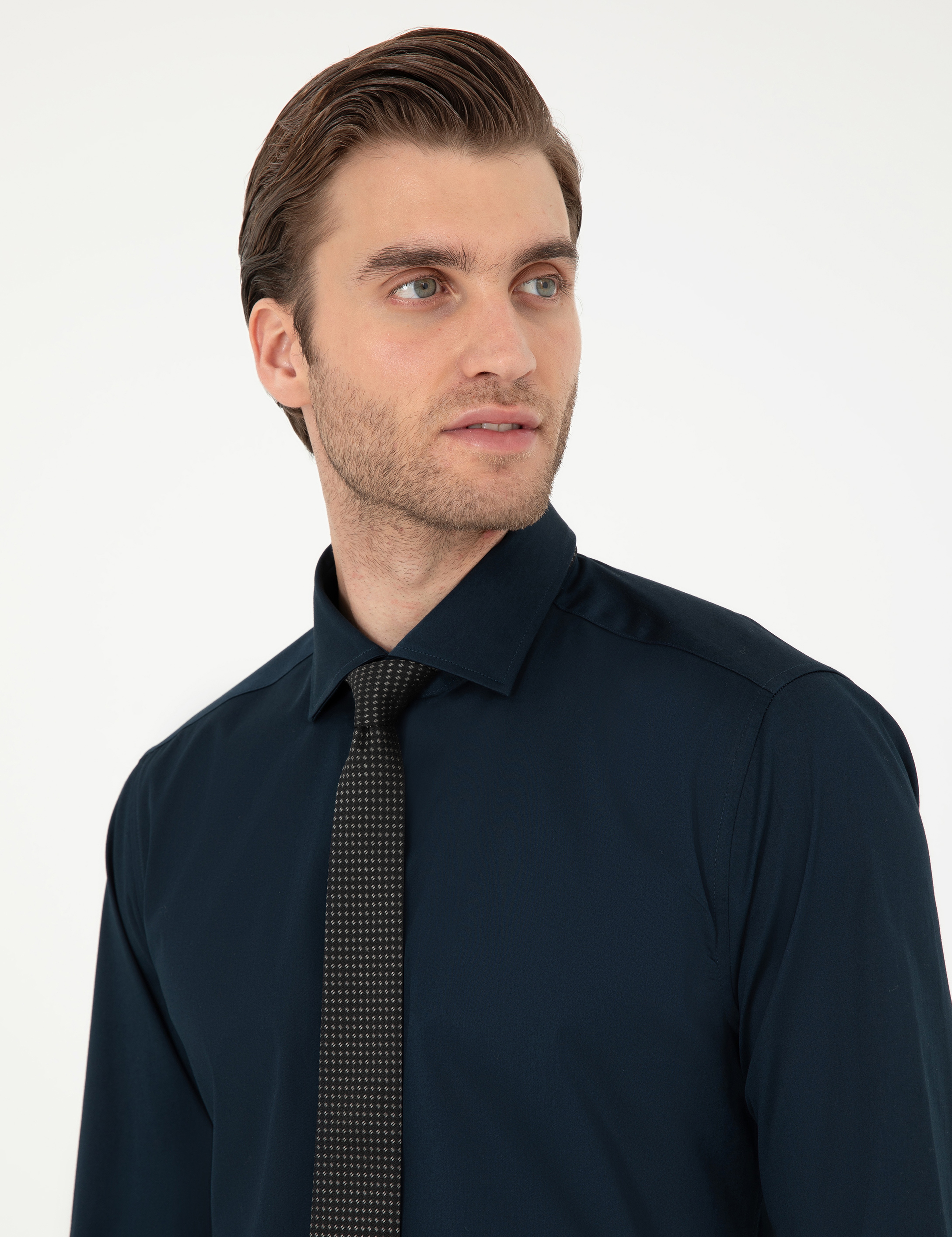 Lacivert Likralı Kolay Ütülenebilir Ekstra Slim Fit Basic Gömlek - Image 2