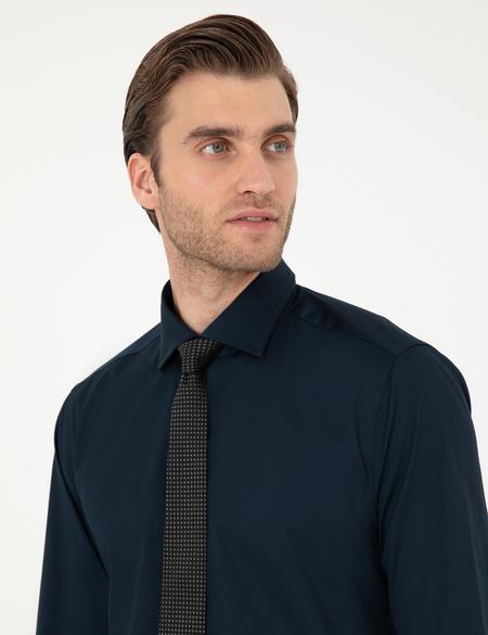Lacivert Likralı Kolay Ütülenebilir Ex. Slim Fit Basic Gömlek - 50292526016