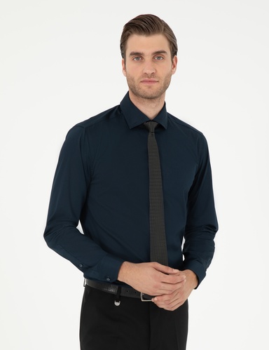 Lacivert Likralı Kolay Ütülenebilir Ekstra Slim Fit Basic Gömlek