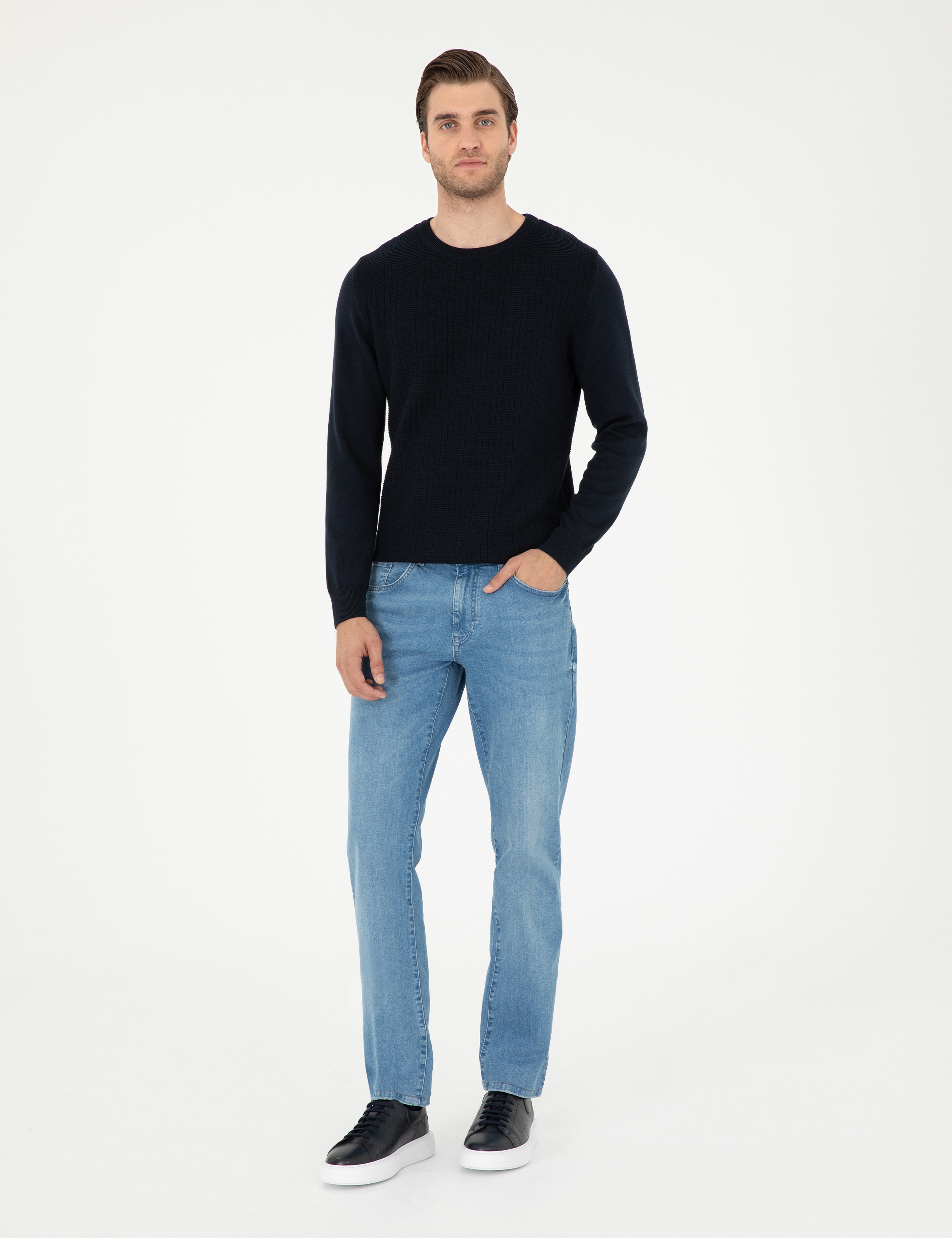 Lacivert Regular Fit Bisiklet Yaka Yün Karışımlı Triko Kazak - Image 4