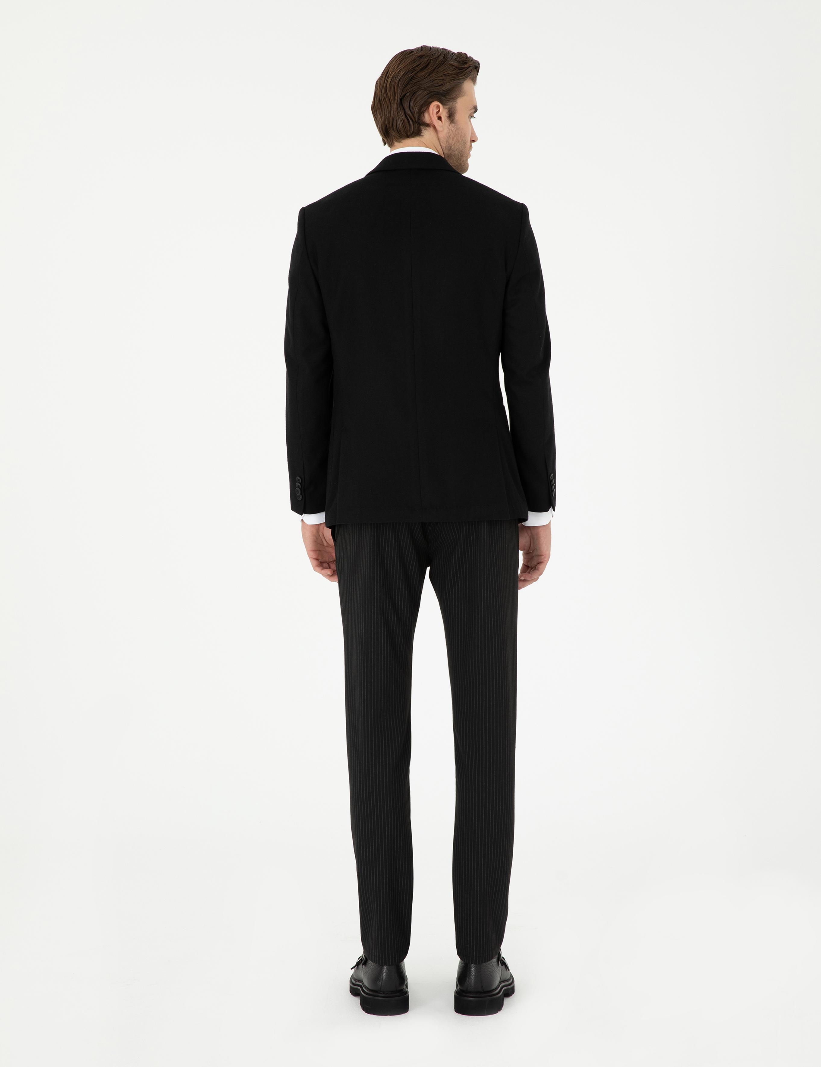 Siyah Slim Fit Çizgili Kanvas Pantolon