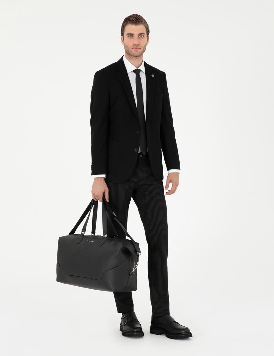 Siyah Slim Fit Çizgili Kanvas Pantolon