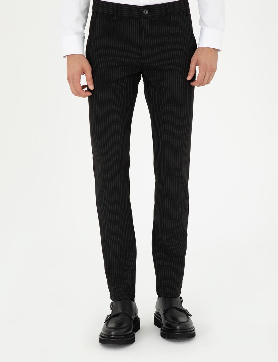 Siyah Slim Fit Çizgili Kanvas Pantolon