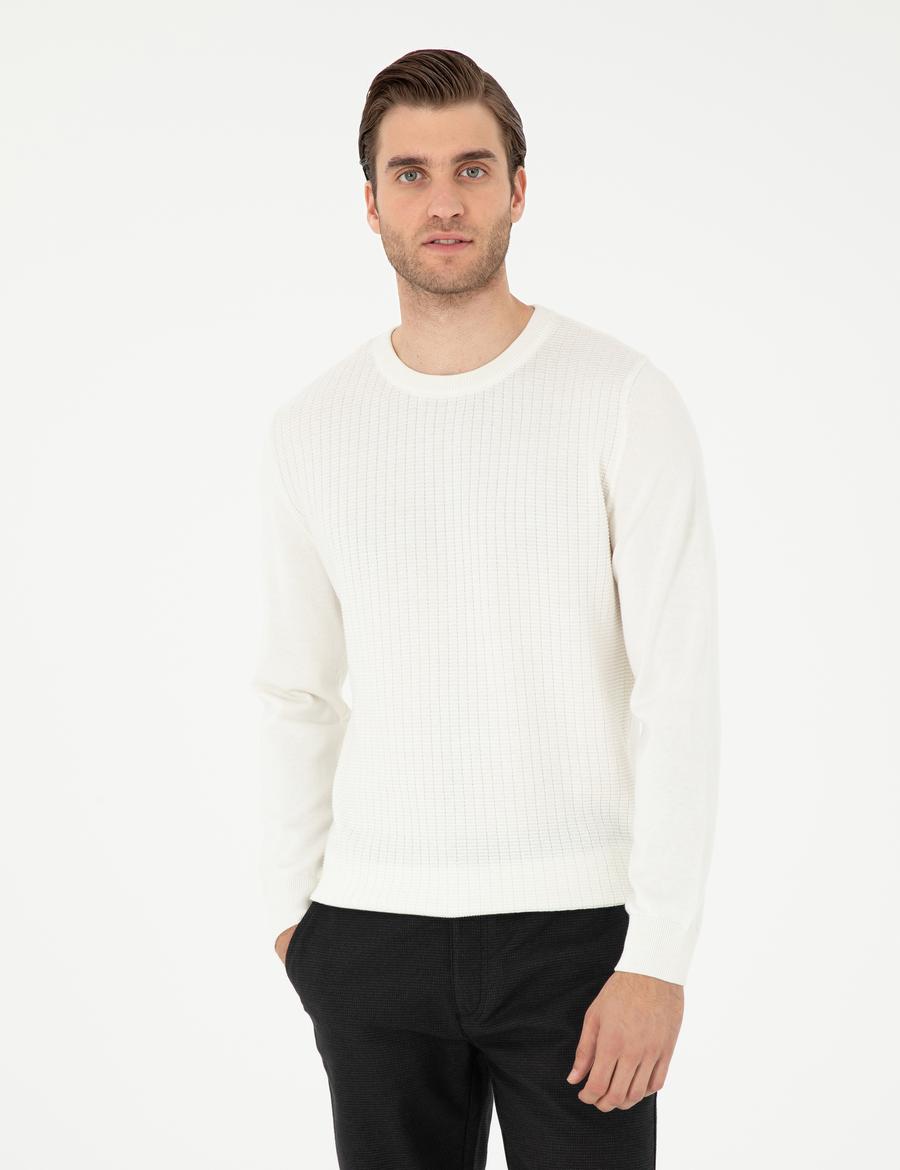 Ekru Regular Fit Bisiklet Yaka Yün Karışımlı Triko Kazak