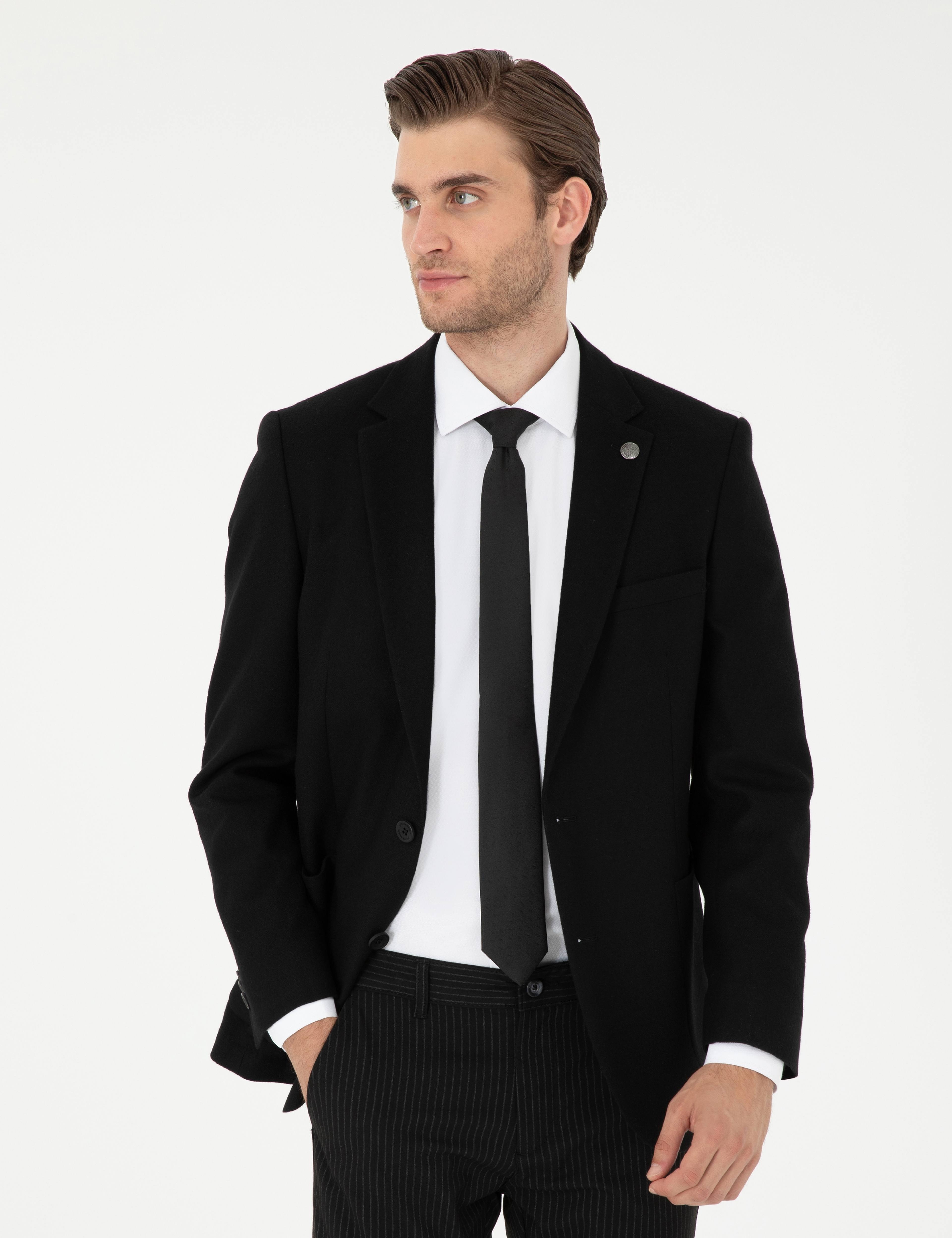 Siyah Yün Karışımlı Ex. Slim Fit Ceket